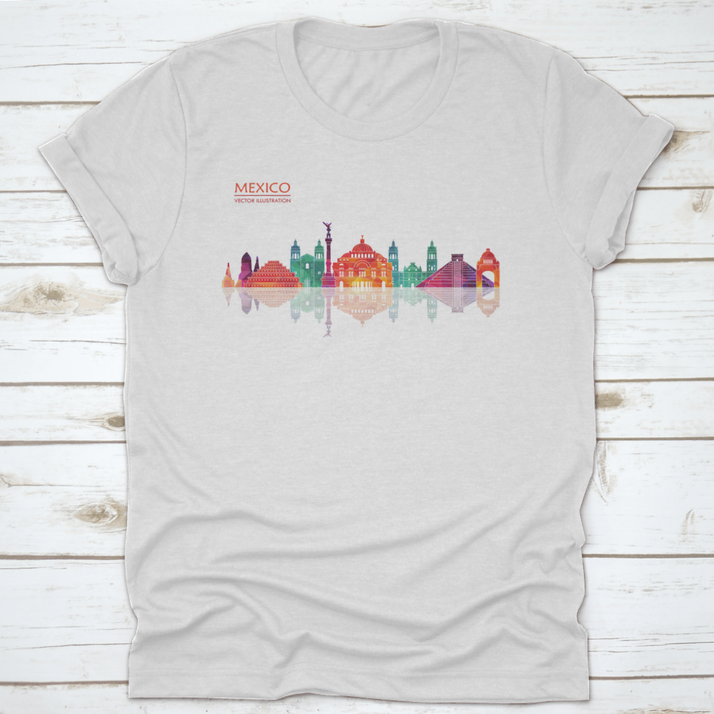 A stylish travel destination shirt featuring Mexico's famous landmarks skyline design, made from high-quality cotton fabric.