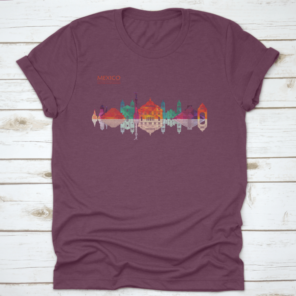 A stylish travel destination shirt featuring Mexico's famous landmarks skyline design, made from high-quality cotton fabric.