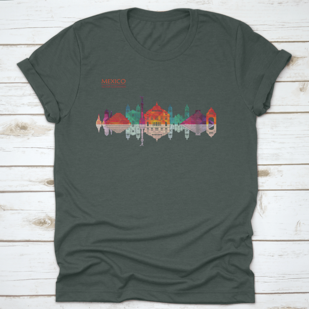 A stylish travel destination shirt featuring Mexico's famous landmarks skyline design, made from high-quality cotton fabric.