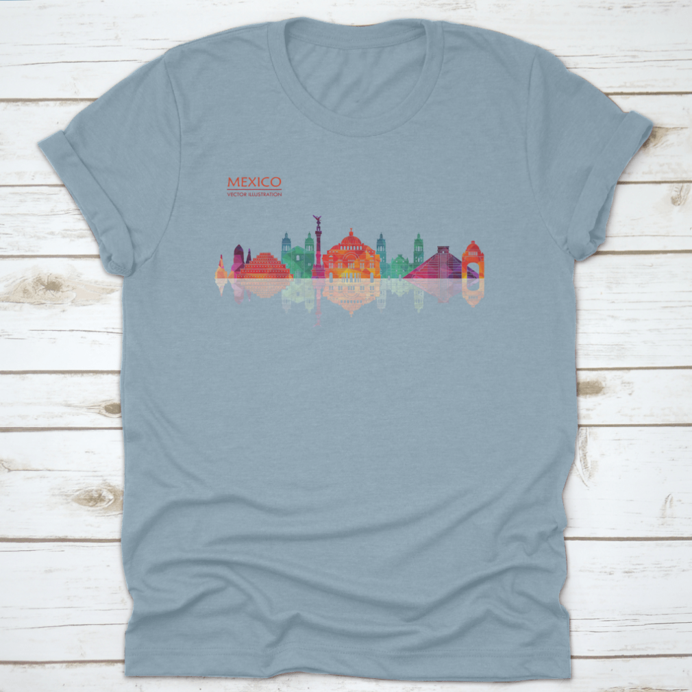 A stylish travel destination shirt featuring Mexico's famous landmarks skyline design, made from high-quality cotton fabric.