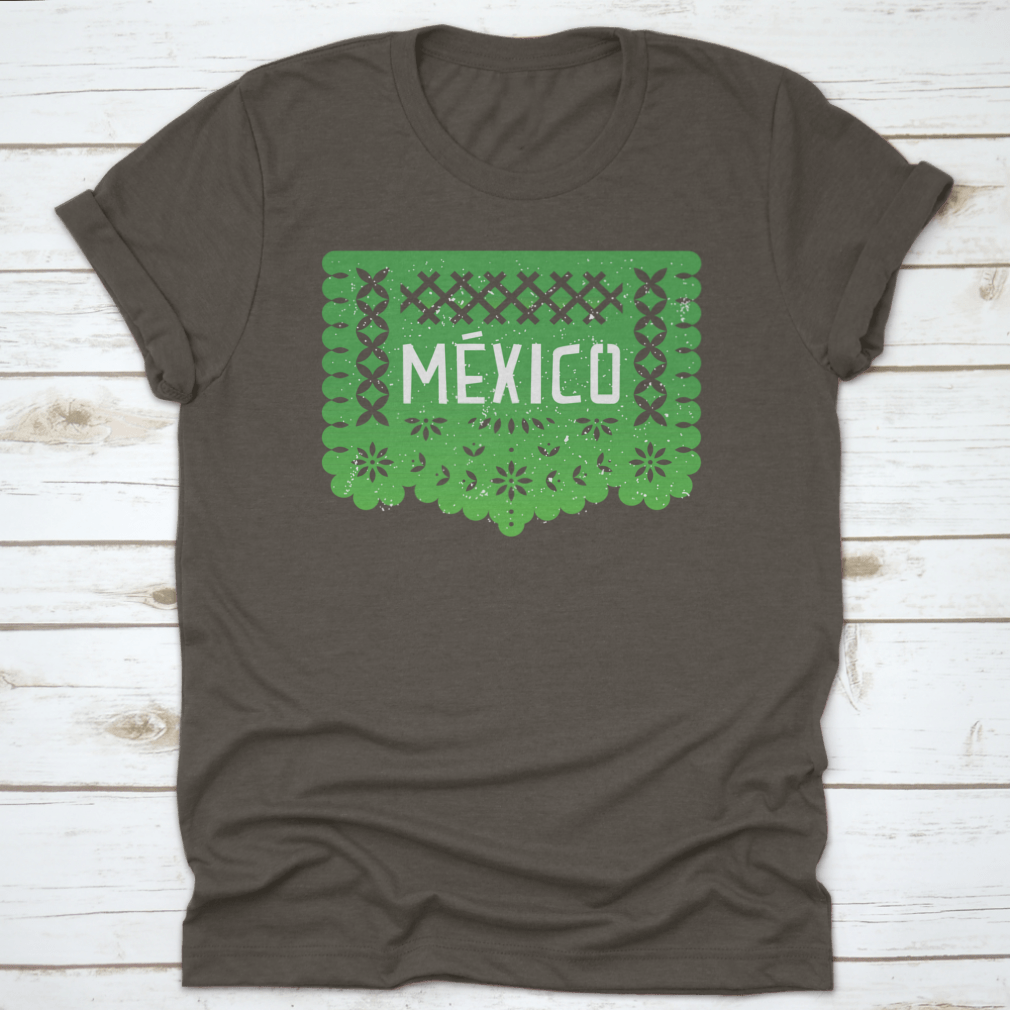 Vibrant Mexico Party Paper-Cut Flag Banner shirt featuring the word 'Mexico' in colorful design, perfect for celebrations.