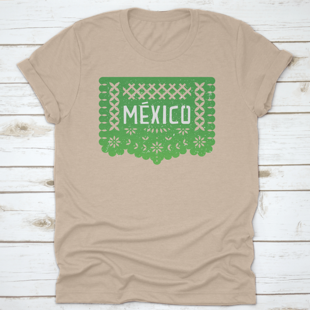 Vibrant Mexico Party Paper-Cut Flag Banner shirt featuring the word 'Mexico' in colorful design, perfect for celebrations.