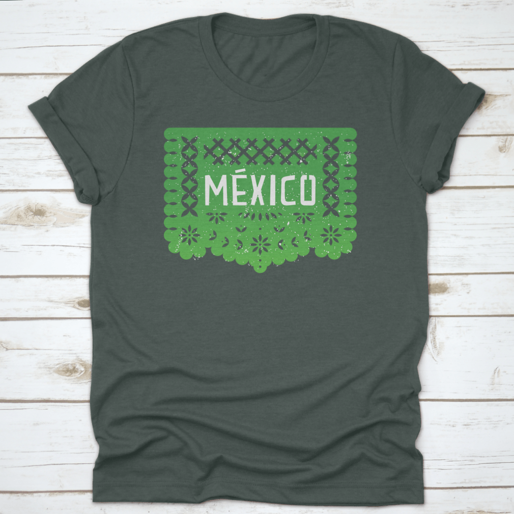 Vibrant Mexico Party Paper-Cut Flag Banner shirt featuring the word 'Mexico' in colorful design, perfect for celebrations.