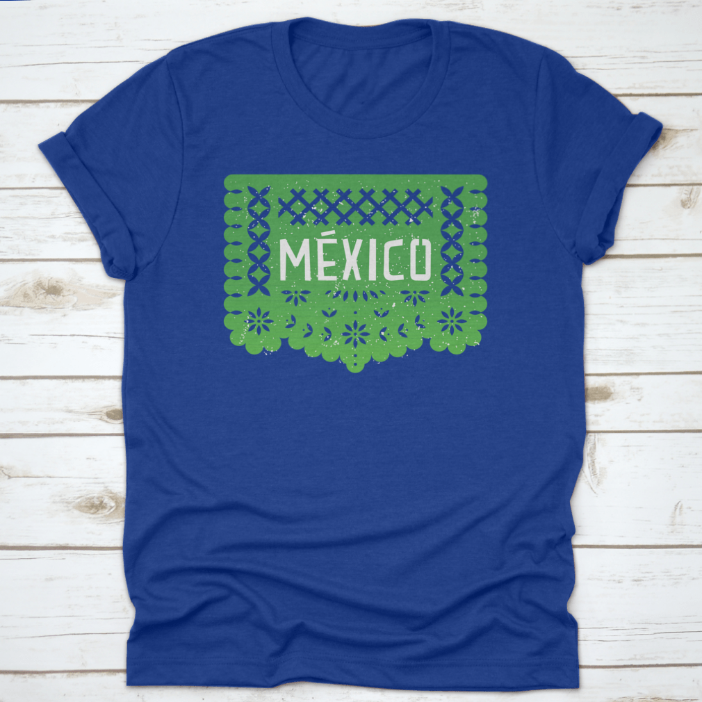 Vibrant Mexico Party Paper-Cut Flag Banner shirt featuring the word 'Mexico' in colorful design, perfect for celebrations.