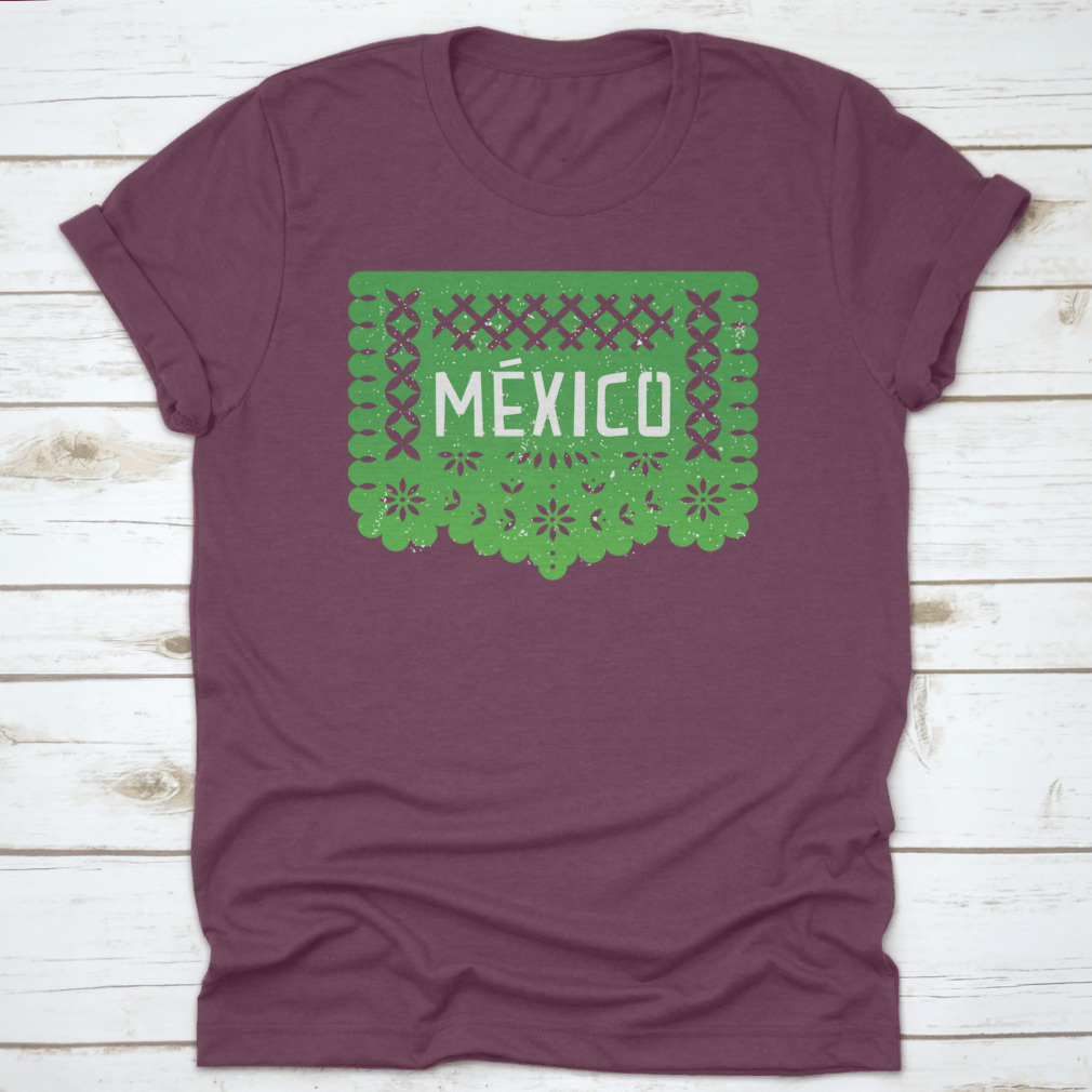 Vibrant Mexico Party Paper-Cut Flag Banner shirt featuring the word 'Mexico' in colorful design, perfect for celebrations.