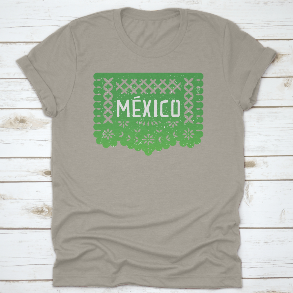 Vibrant Mexico Party Paper-Cut Flag Banner shirt featuring the word 'Mexico' in colorful design, perfect for celebrations.