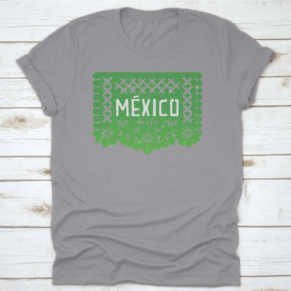 Vibrant Mexico Party Paper-Cut Flag Banner shirt featuring the word 'Mexico' in colorful design, perfect for celebrations.