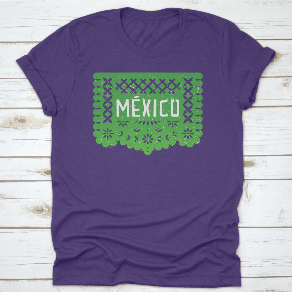 Vibrant Mexico Party Paper-Cut Flag Banner shirt featuring the word 'Mexico' in colorful design, perfect for celebrations.