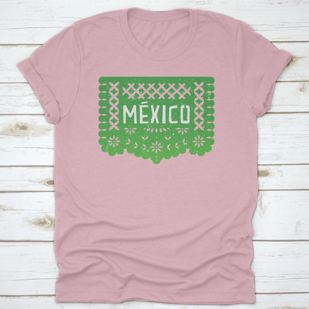 Vibrant Mexico Party Paper-Cut Flag Banner shirt featuring the word 'Mexico' in colorful design, perfect for celebrations.