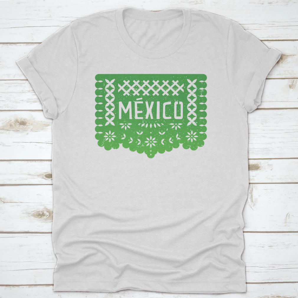 Vibrant Mexico Party Paper-Cut Flag Banner shirt featuring the word 'Mexico' in colorful design, perfect for celebrations.