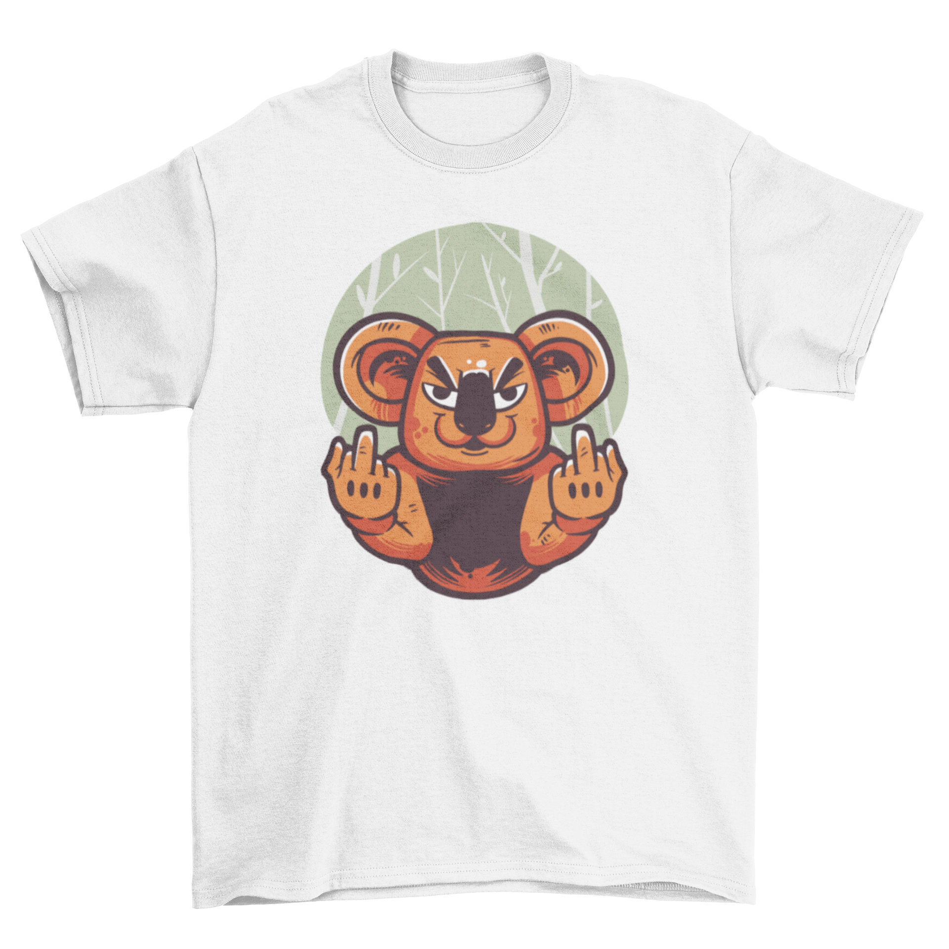 A humorous t-shirt featuring a koala giving the middle finger, showcasing a playful design.