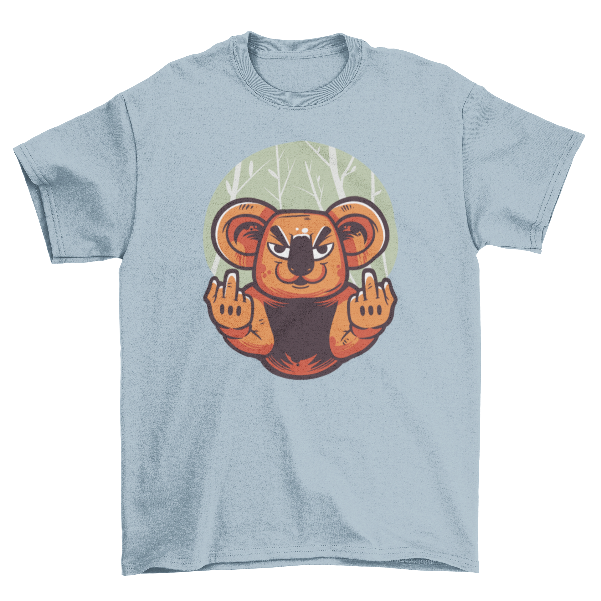 A humorous t-shirt featuring a koala giving the middle finger, showcasing a playful design.