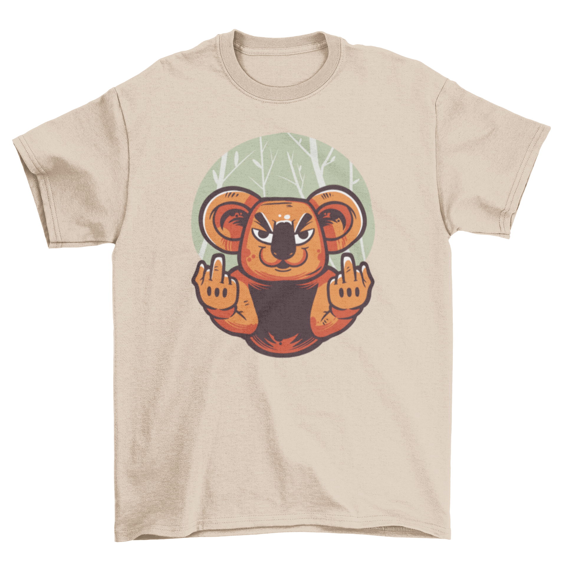 A humorous t-shirt featuring a koala giving the middle finger, showcasing a playful design.