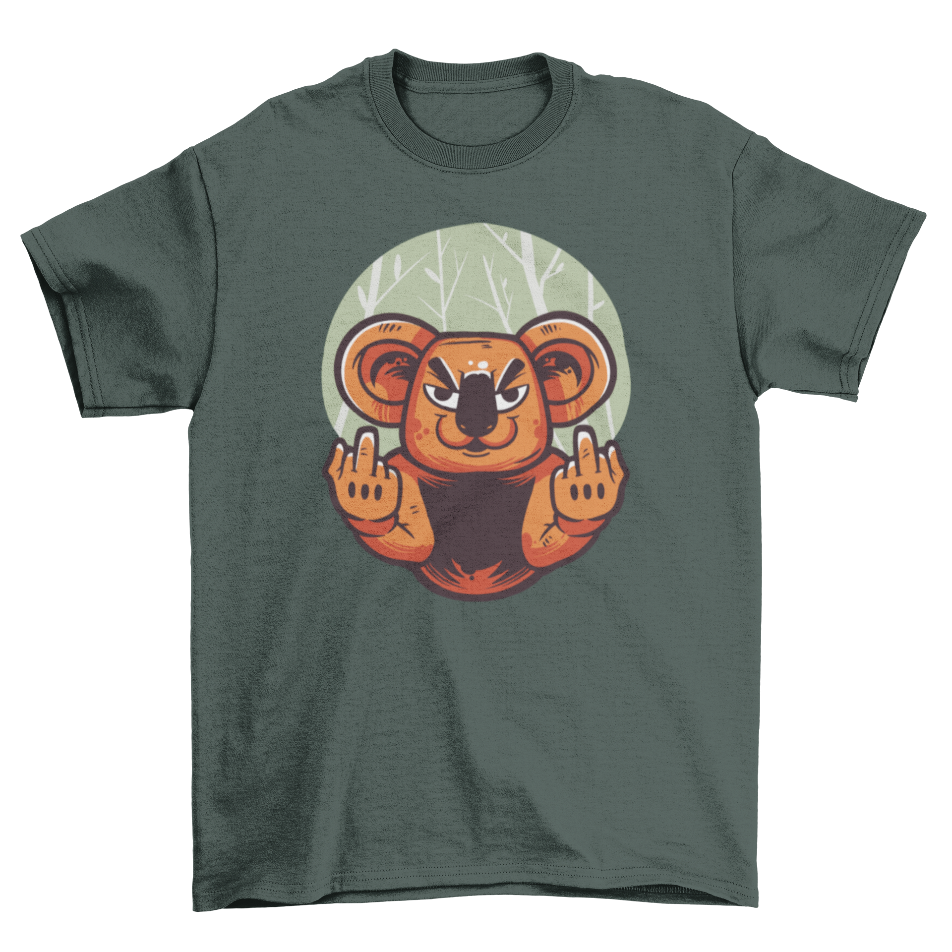 A humorous t-shirt featuring a koala giving the middle finger, showcasing a playful design.