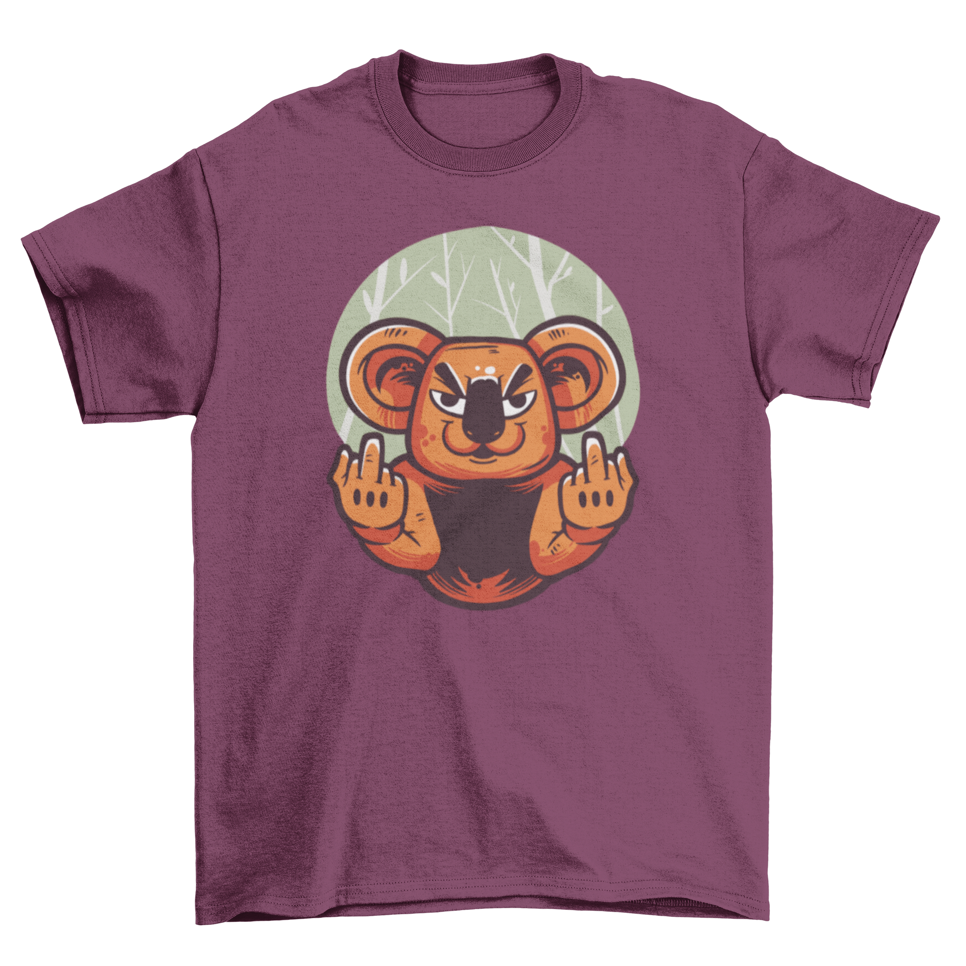 A humorous t-shirt featuring a koala giving the middle finger, showcasing a playful design.