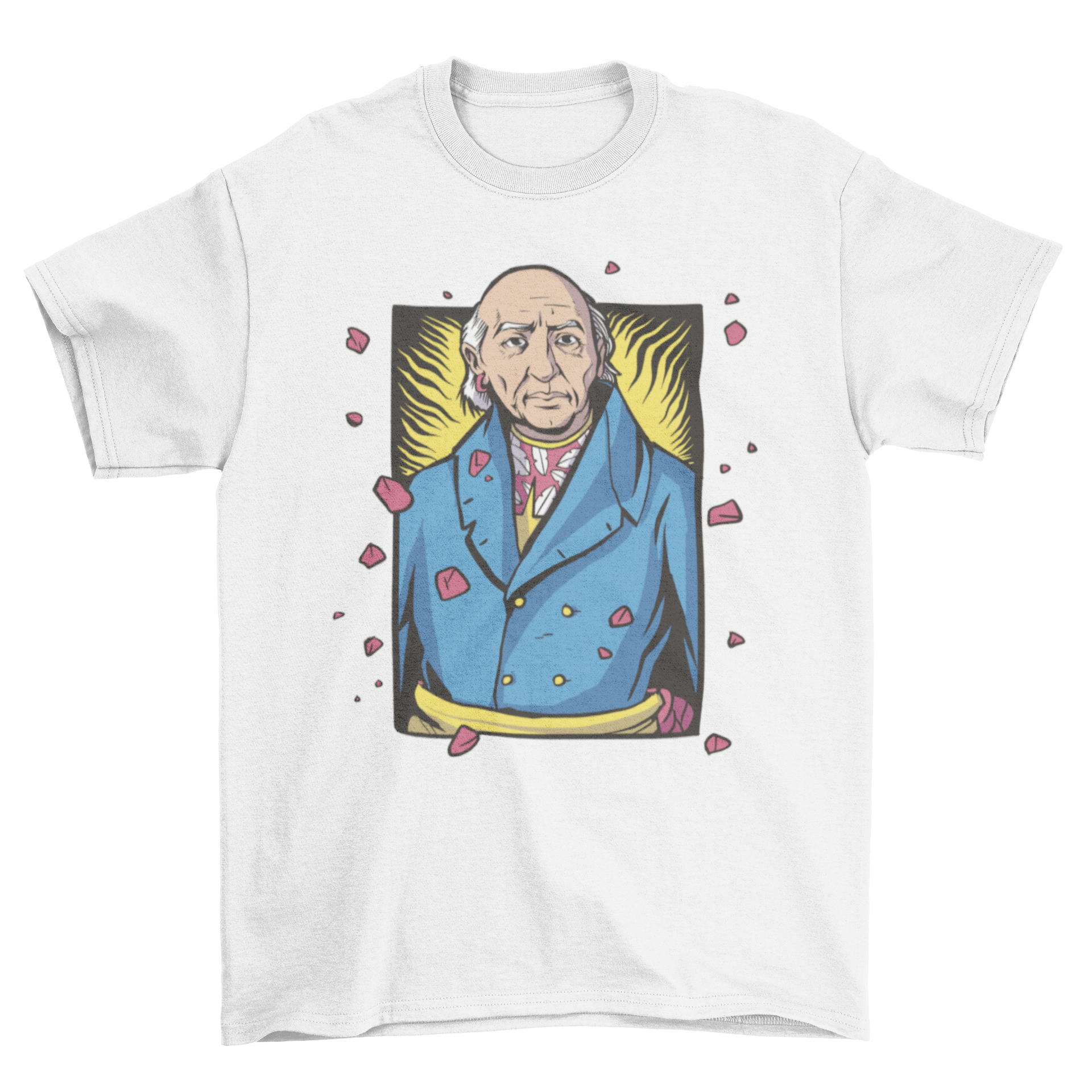 Illustration of Miguel Hidalgo wearing a Hawaiian t-shirt under a jacket, showcasing a unique blend of history and modern fashion.