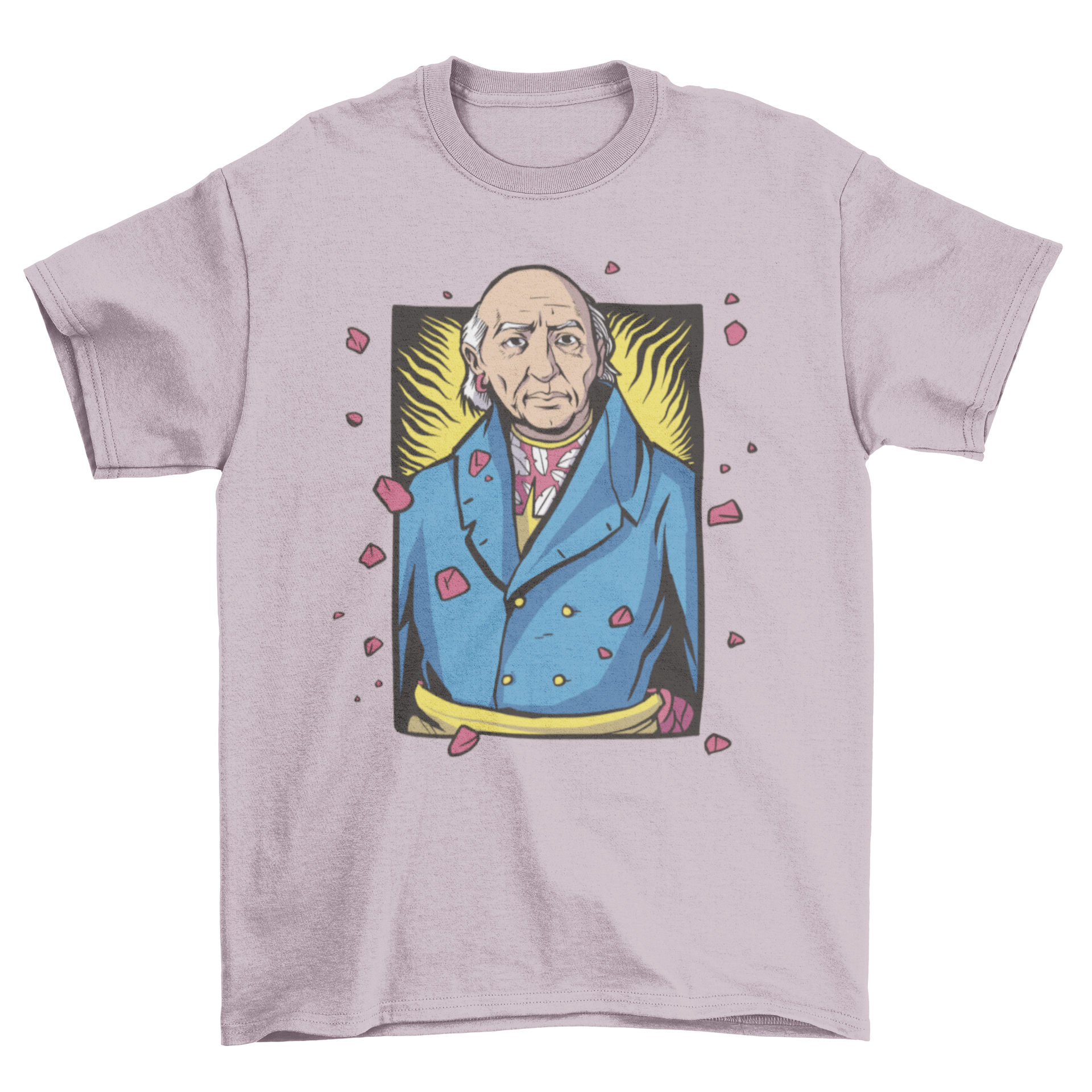 Illustration of Miguel Hidalgo wearing a Hawaiian t-shirt under a jacket, showcasing a unique blend of history and modern fashion.