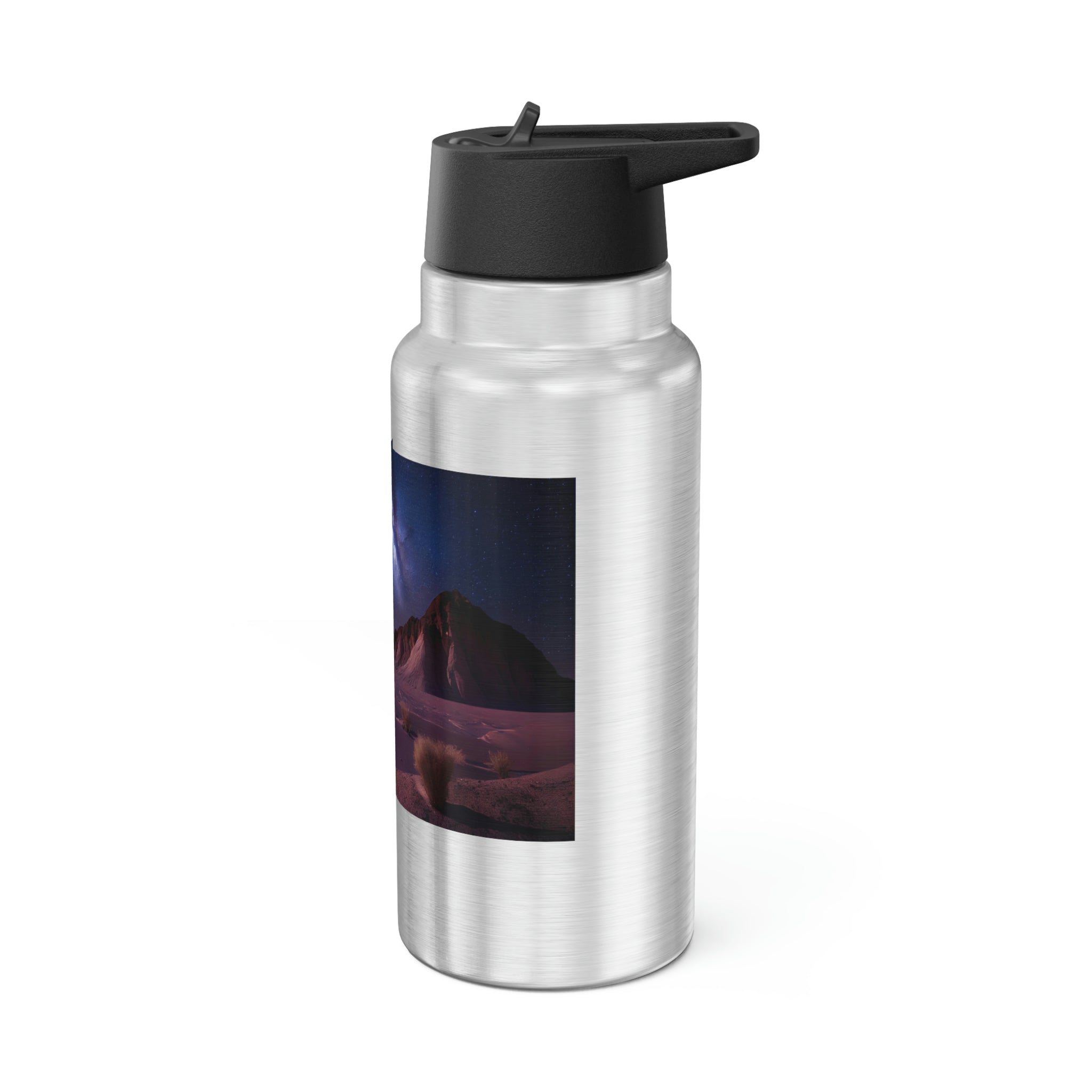 Milky Galaxy Gator Tumbler in stainless steel with a vibrant galaxy design and a black screw-on cap, featuring a plastic straw.