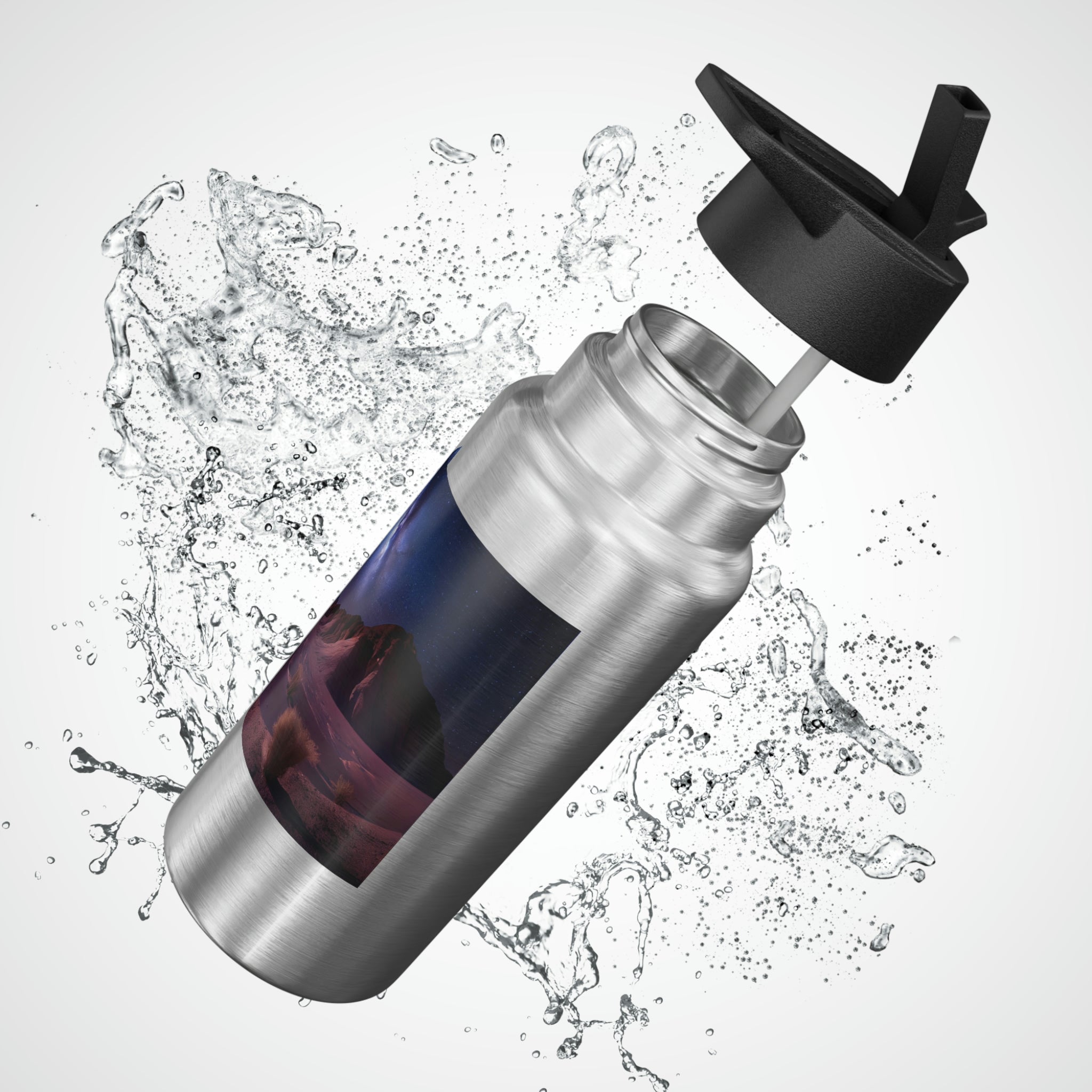 Milky Galaxy Gator Tumbler in stainless steel with a vibrant galaxy design and a black screw-on cap, featuring a plastic straw.