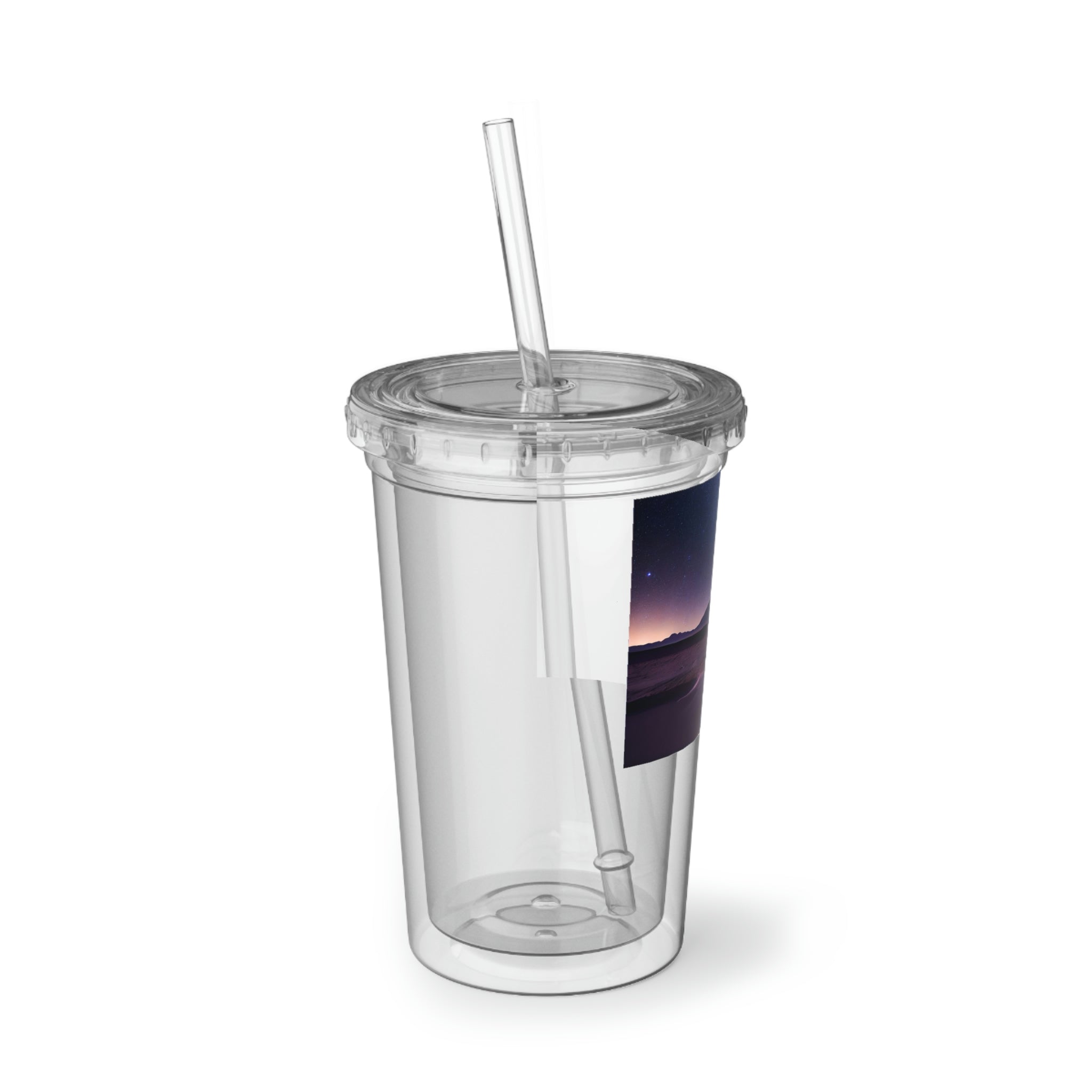 Milky Galaxy Suave Acrylic Cup with a sleek stainless steel design, featuring a black screw-on cap and a plastic straw, perfect for stylish hydration.