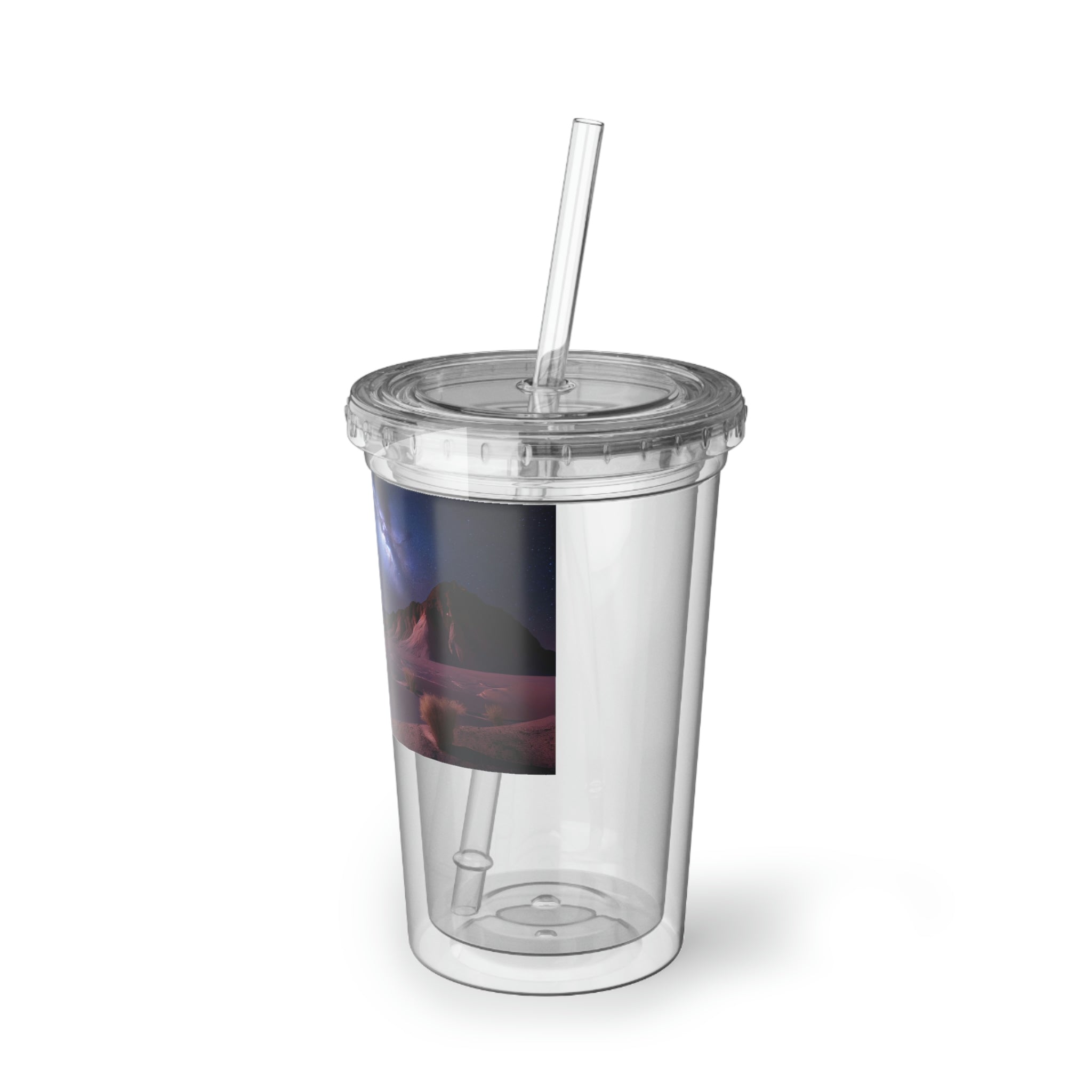 Milky Galaxy Suave Acrylic Cup with a sleek stainless steel design, featuring a black screw-on cap and a plastic straw, perfect for stylish hydration.