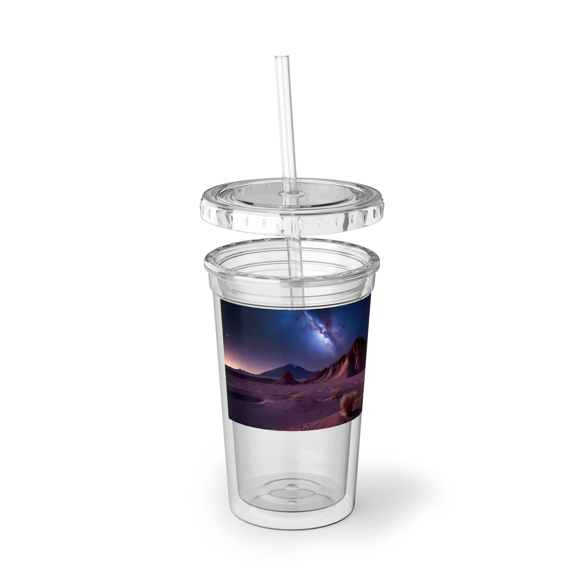 Milky Galaxy Suave Acrylic Cup with a sleek stainless steel design, featuring a black screw-on cap and a plastic straw, perfect for stylish hydration.