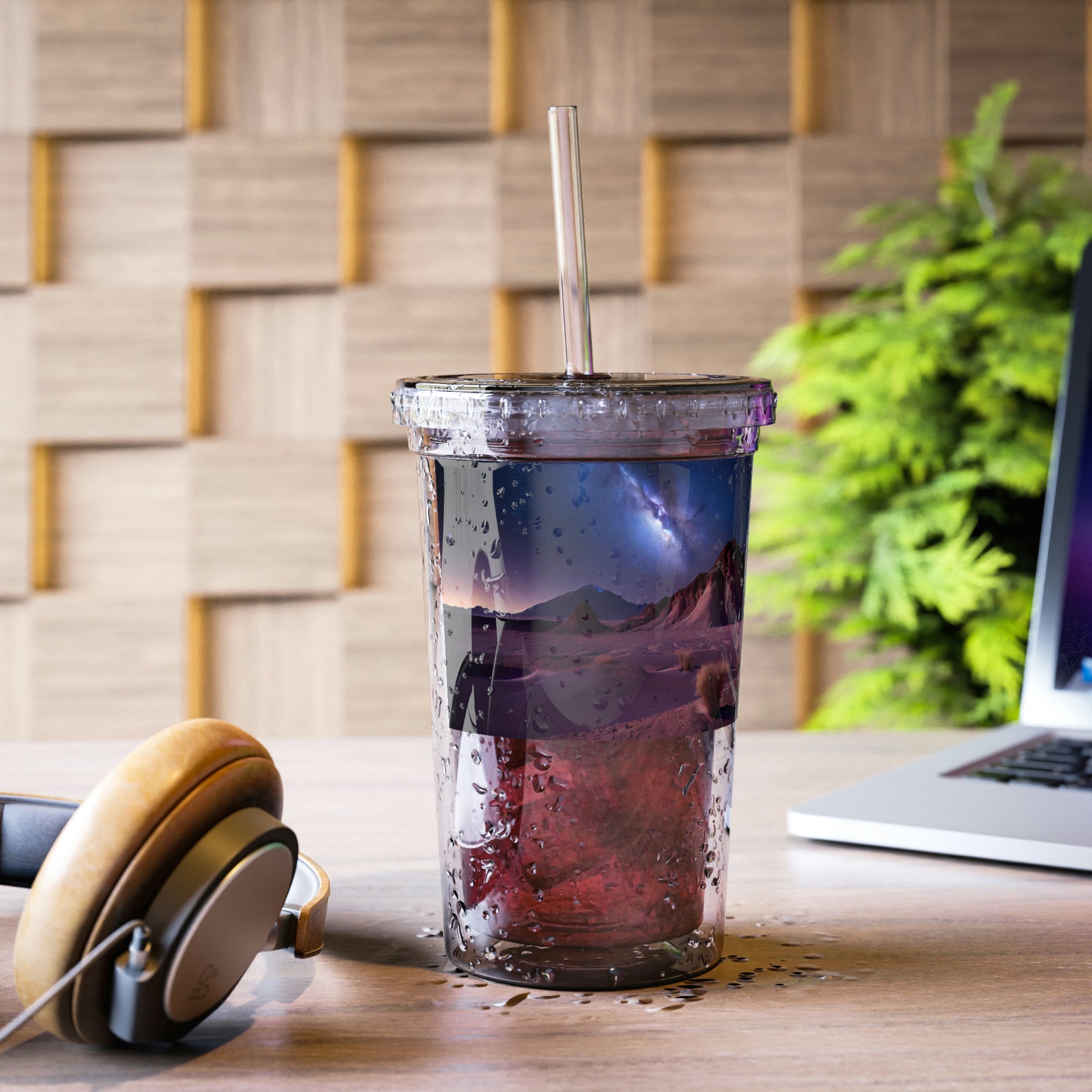 Milky Galaxy Suave Acrylic Cup with a sleek stainless steel design, featuring a black screw-on cap and a plastic straw, perfect for stylish hydration.