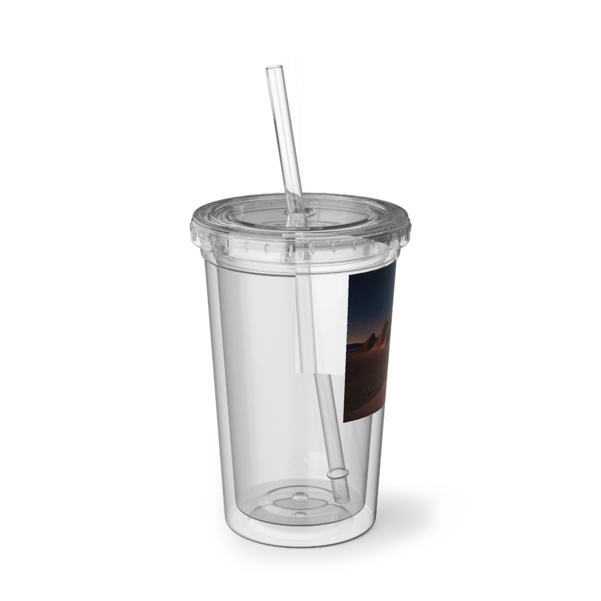 Milky Galaxy Suave Acrylic Cup with a sleek stainless steel design and a black screw-on cap, featuring a plastic straw.