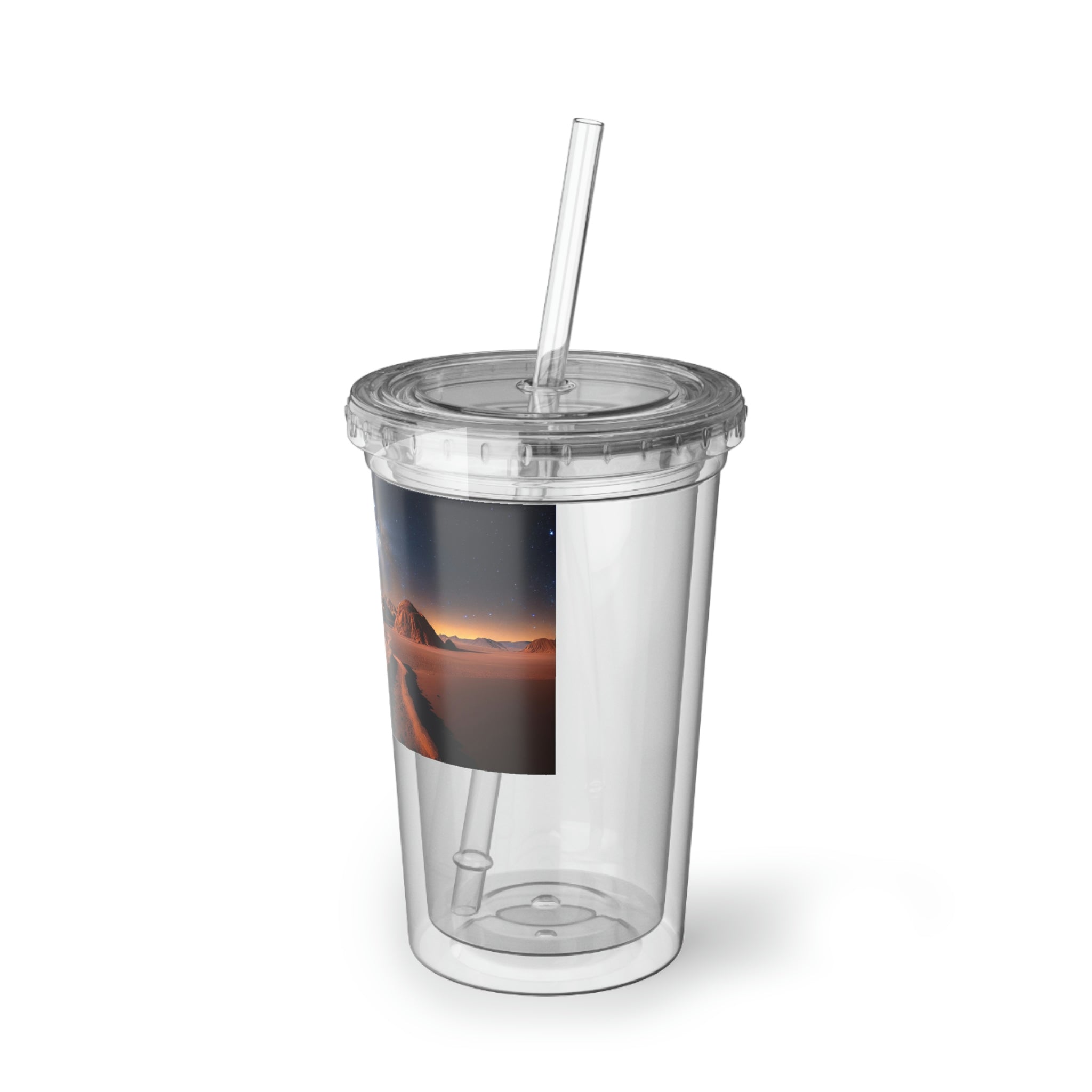 Milky Galaxy Suave Acrylic Cup with a sleek stainless steel design and a black screw-on cap, featuring a plastic straw.