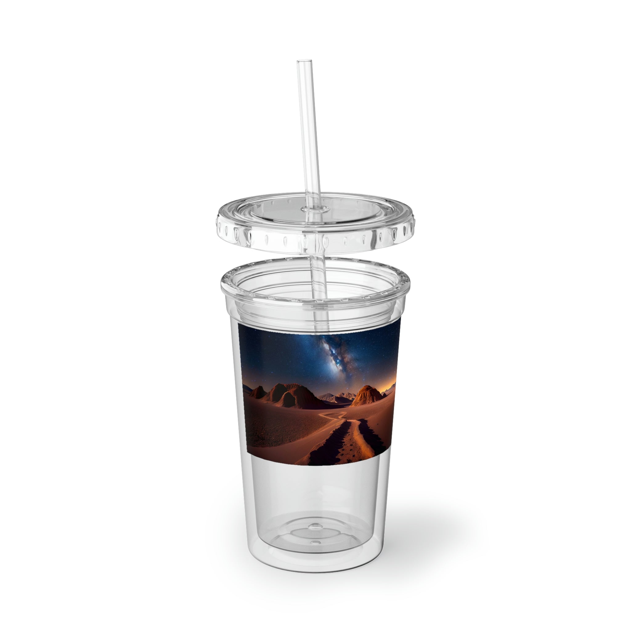 Milky Galaxy Suave Acrylic Cup with a sleek stainless steel design and a black screw-on cap, featuring a plastic straw.