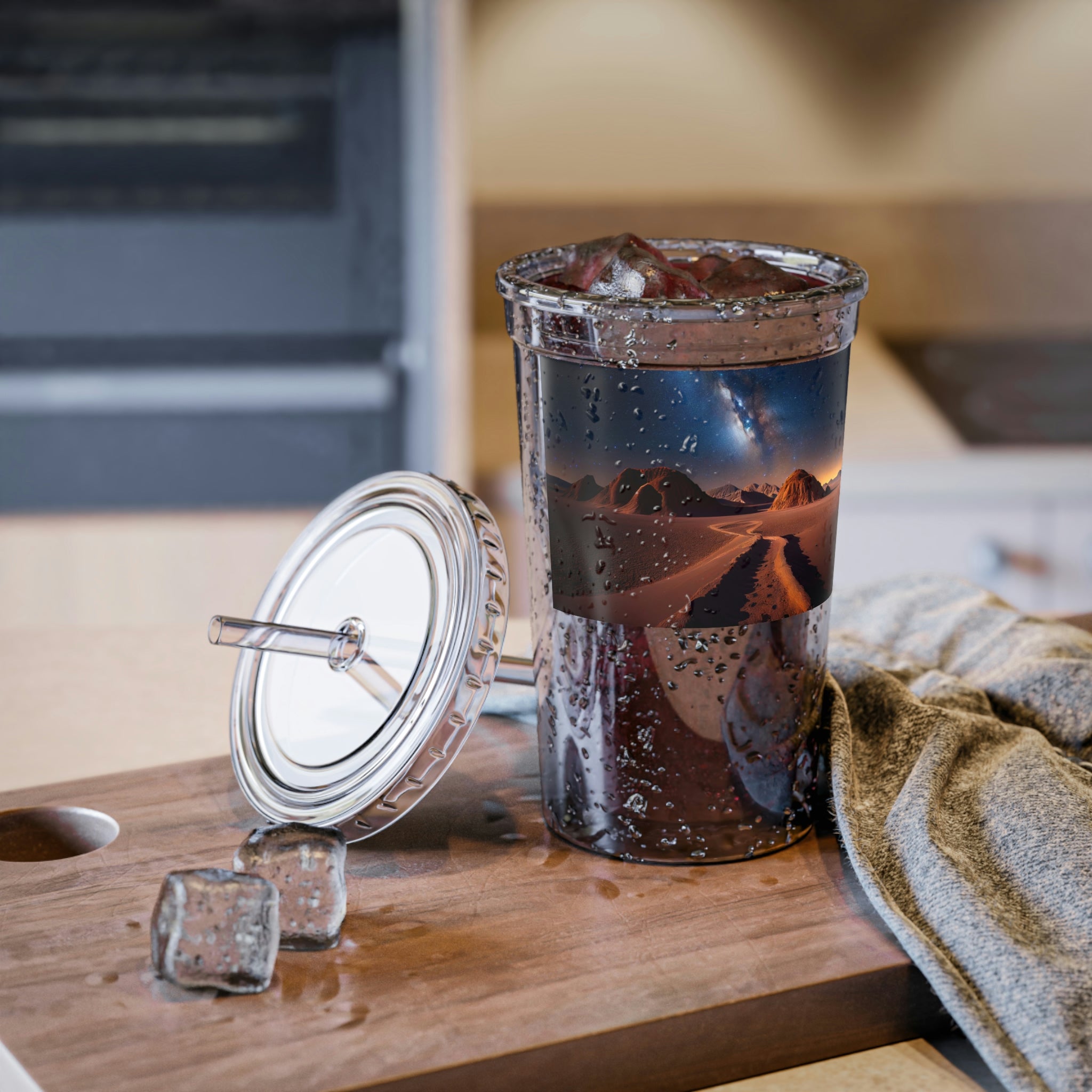 Milky Galaxy Suave Acrylic Cup with a sleek stainless steel design and a black screw-on cap, featuring a plastic straw.