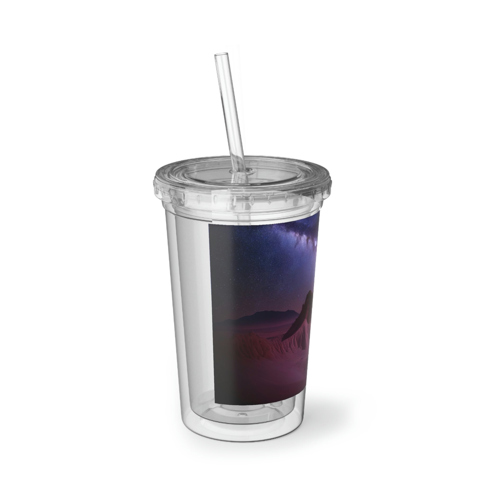 Milky Galaxy Suave Acrylic Cup with a sleek stainless steel design and a black screw-on cap, featuring a plastic straw.