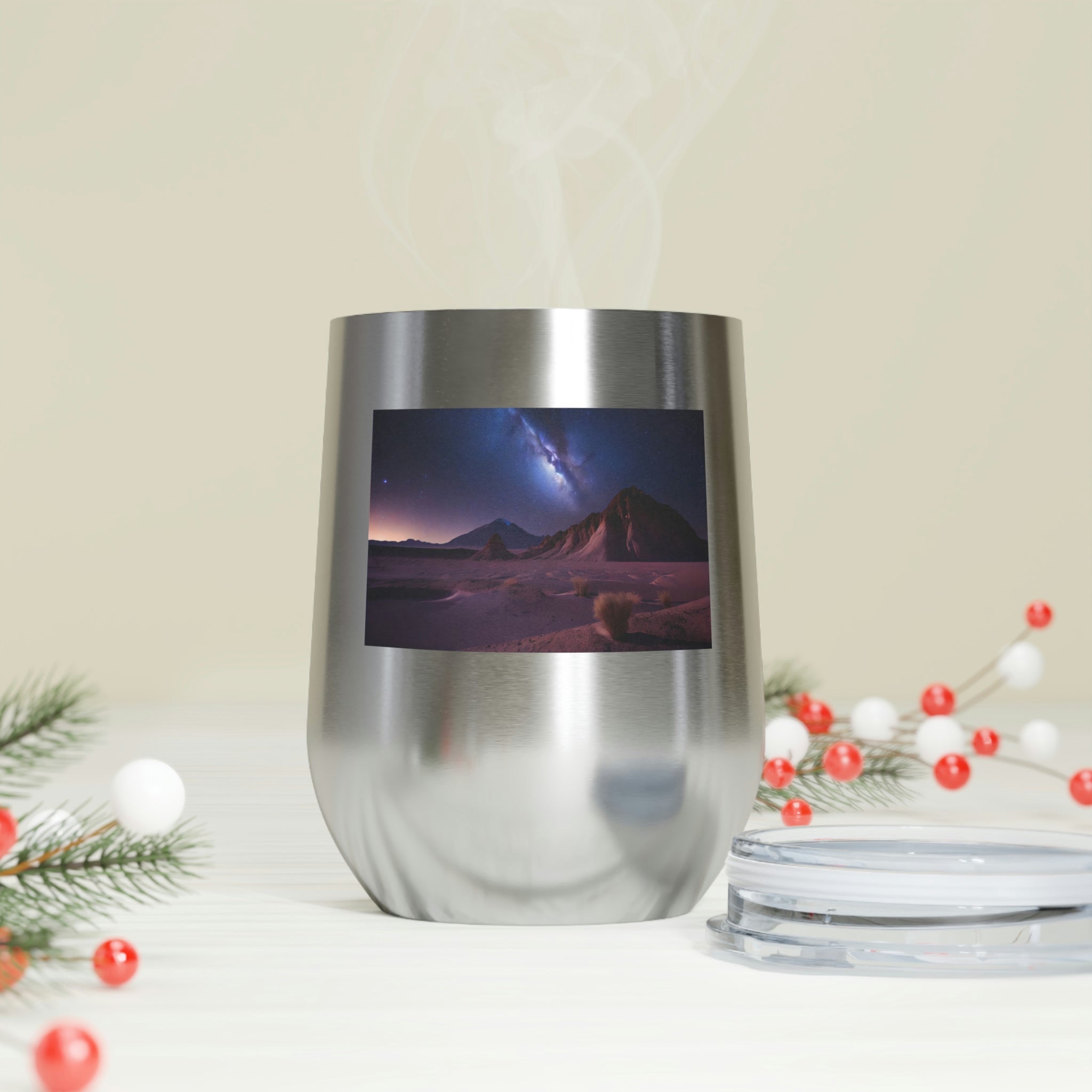 Milky Galaxy Wine Tumbler with a stylish design and clear lid, perfect for hot and cold beverages.