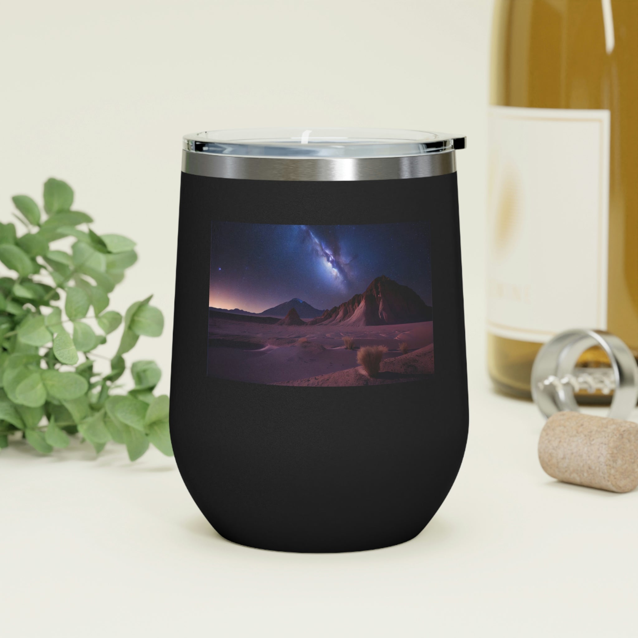 Milky Galaxy Wine Tumbler with a stylish design and clear lid, perfect for hot and cold beverages.