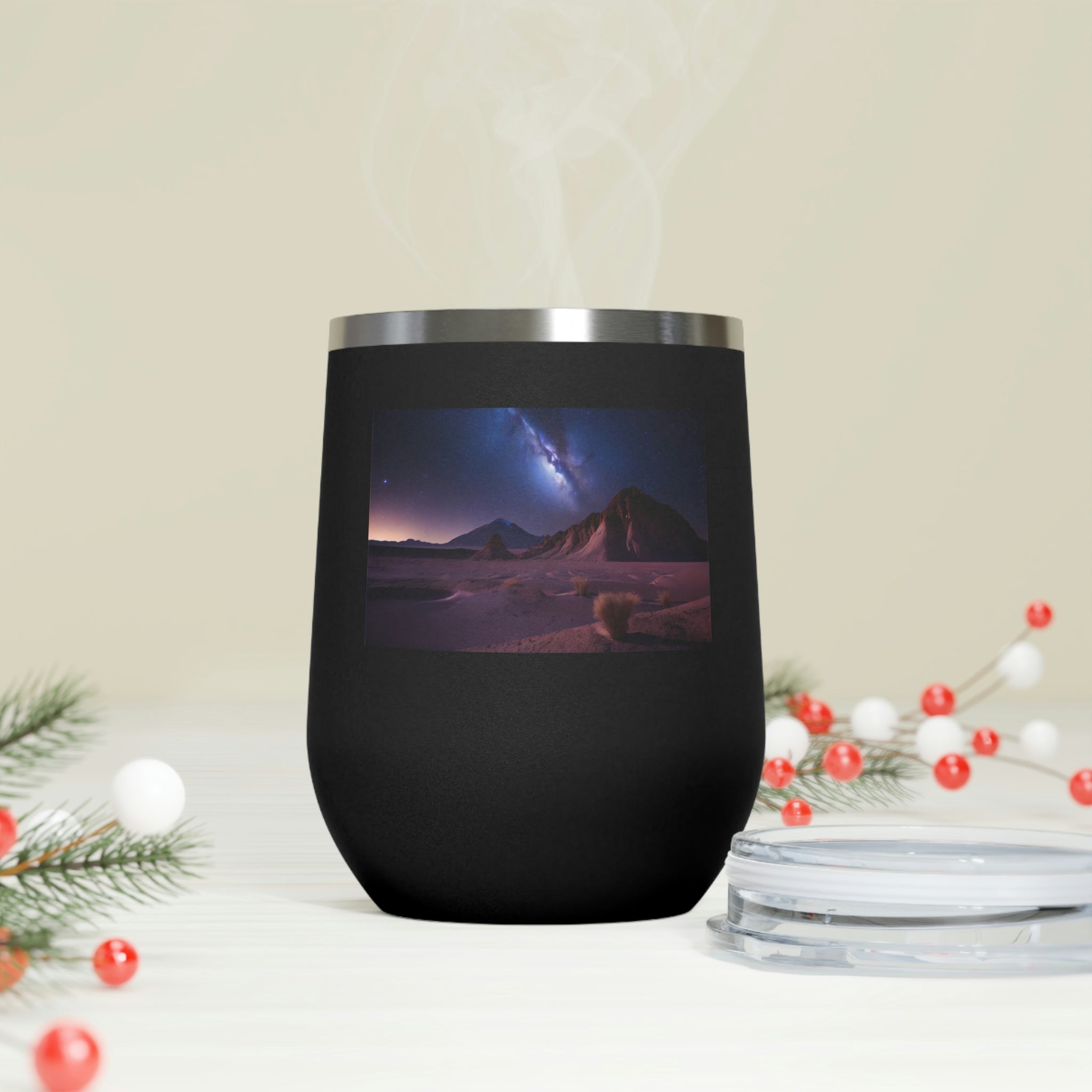 Milky Galaxy Wine Tumbler with a stylish design and clear lid, perfect for hot and cold beverages.