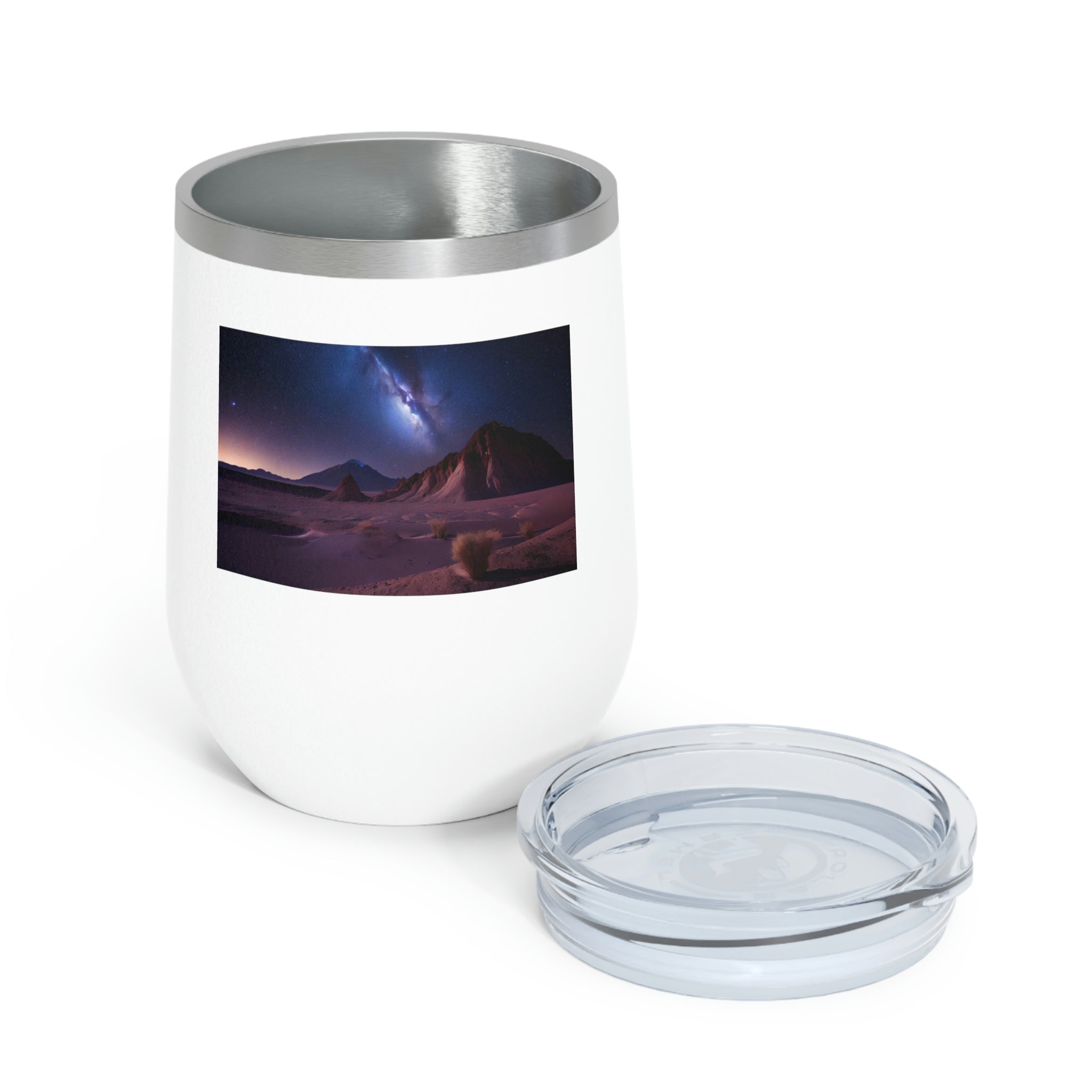 Milky Galaxy Wine Tumbler with a stylish design and clear lid, perfect for hot and cold beverages.