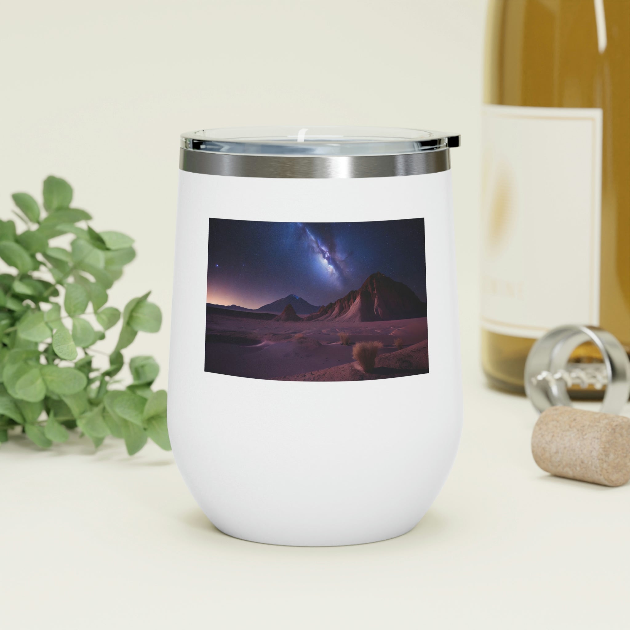 Milky Galaxy Wine Tumbler with a stylish design and clear lid, perfect for hot and cold beverages.