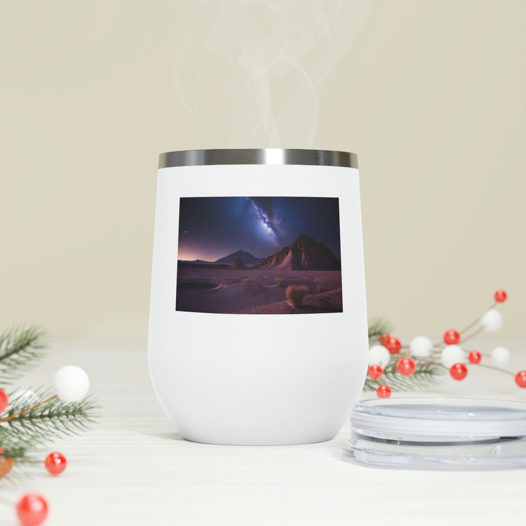 Milky Galaxy Wine Tumbler with a stylish design and clear lid, perfect for hot and cold beverages.