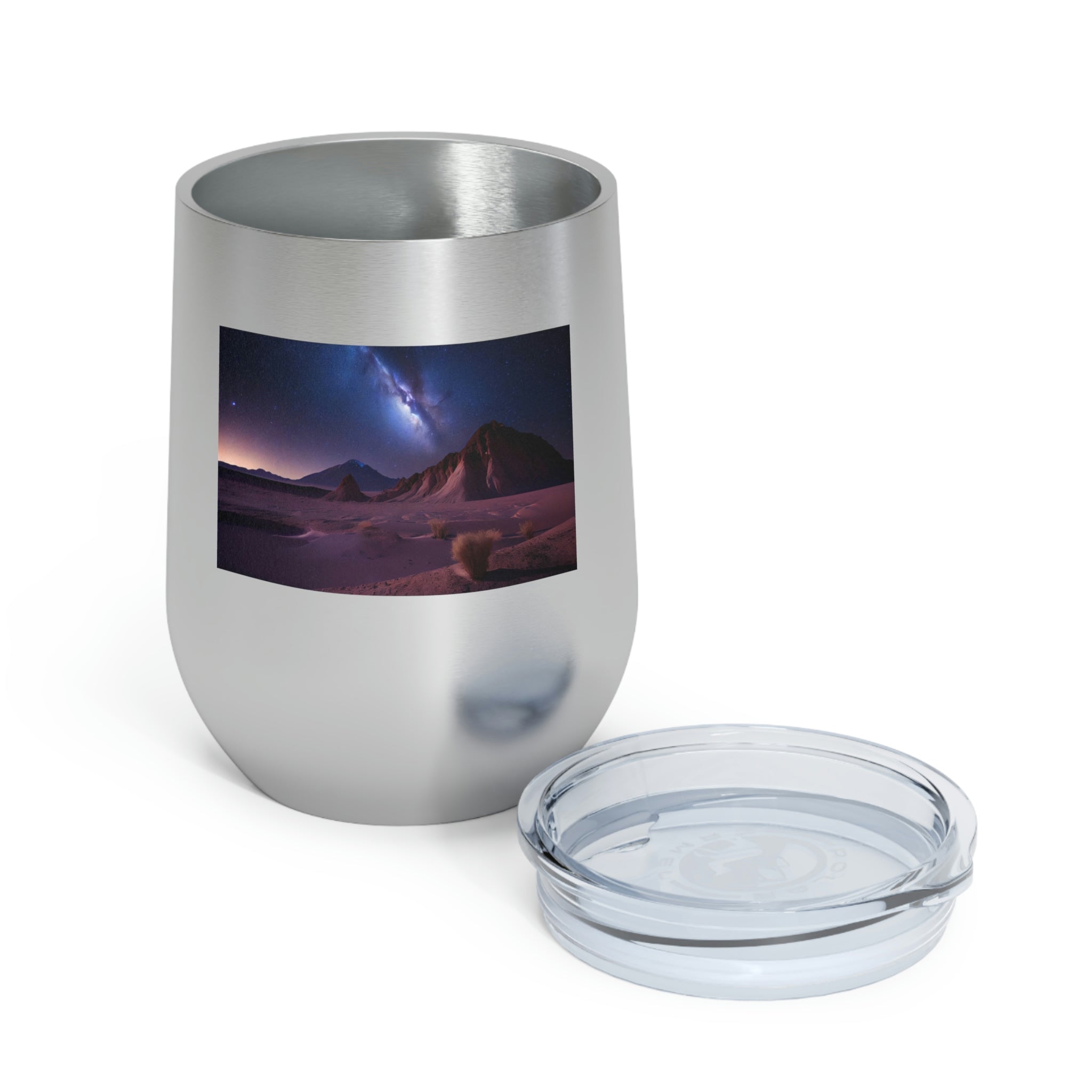 Milky Galaxy Wine Tumbler with a stylish design and clear lid, perfect for hot and cold beverages.