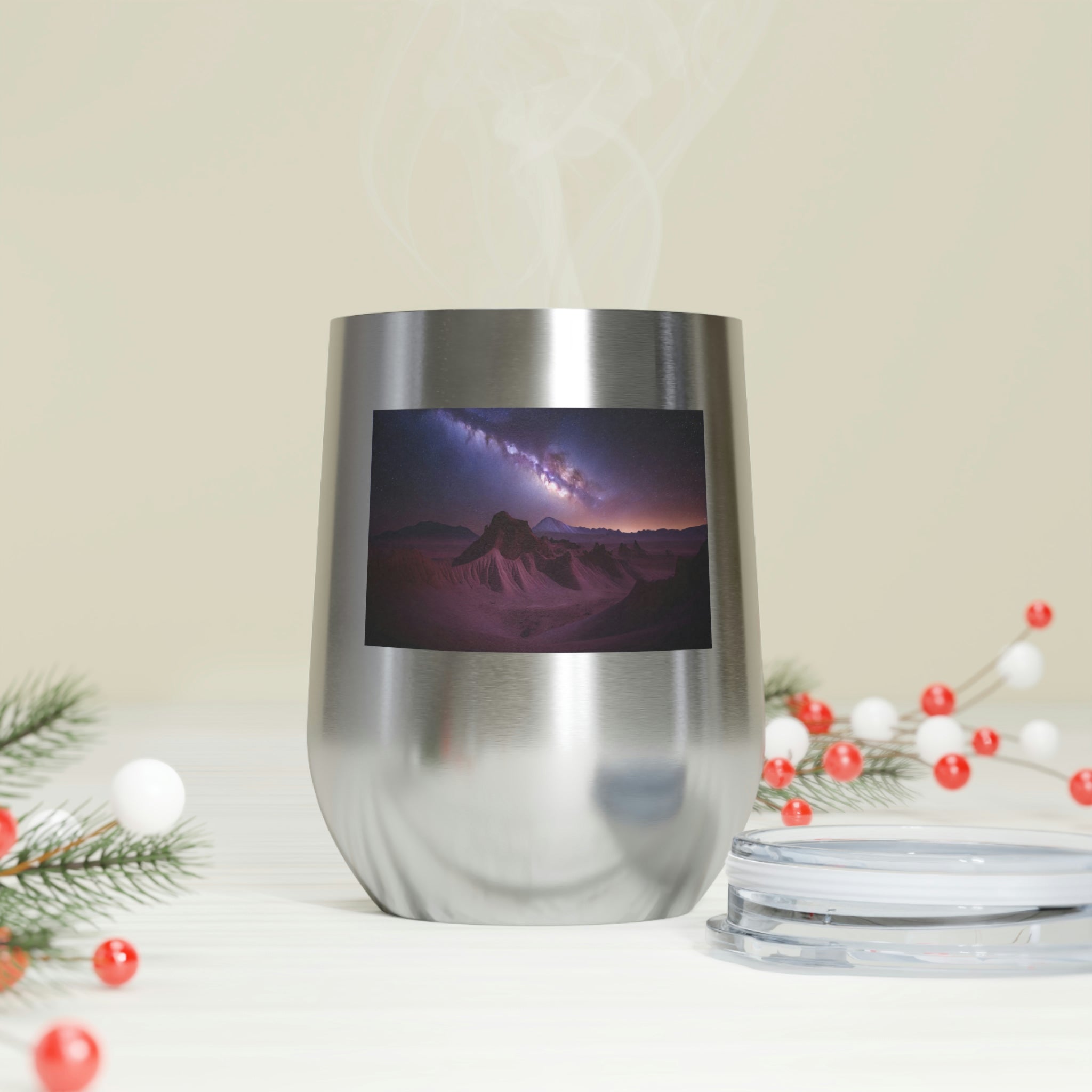 Milky Galaxy Wine Tumbler featuring a stylish design, double insulation, and a clear plastic lid for easy sipping.