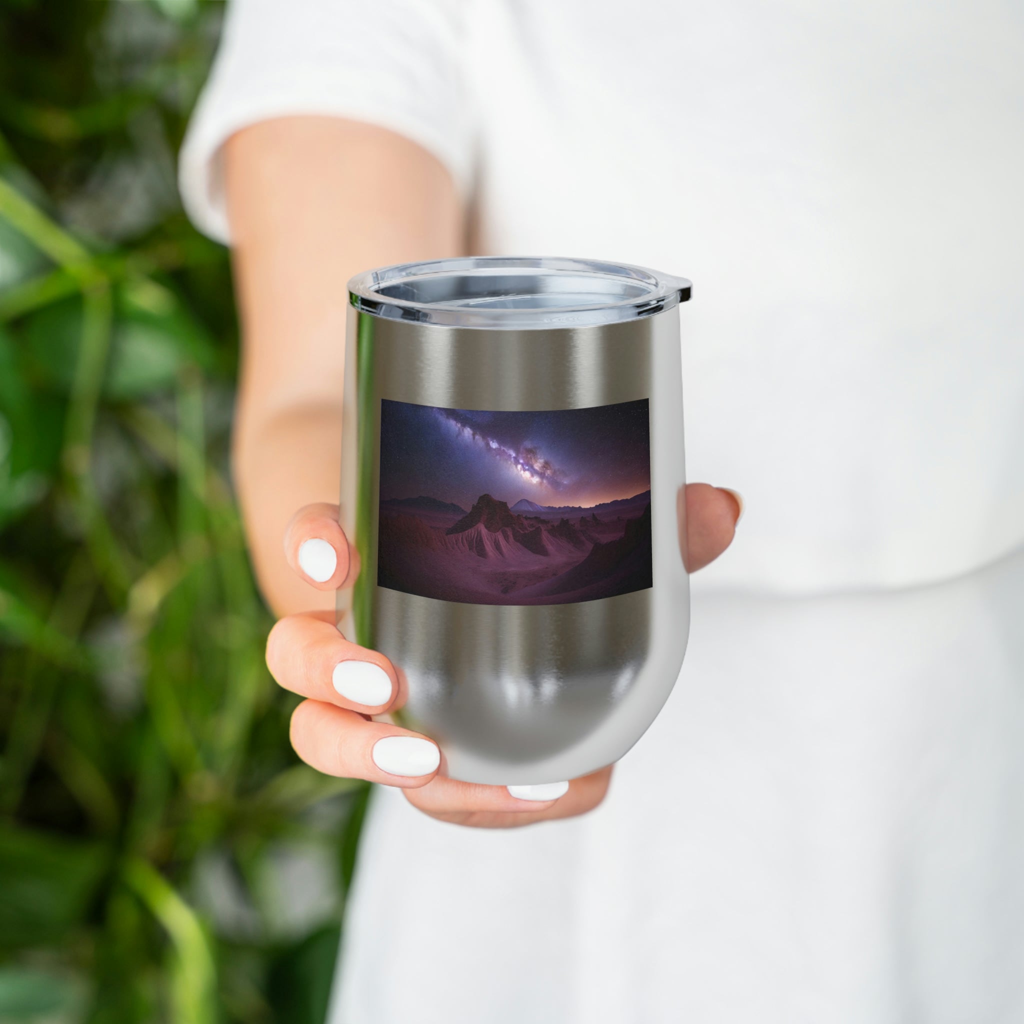 Milky Galaxy Wine Tumbler featuring a stylish design, double insulation, and a clear plastic lid for easy sipping.