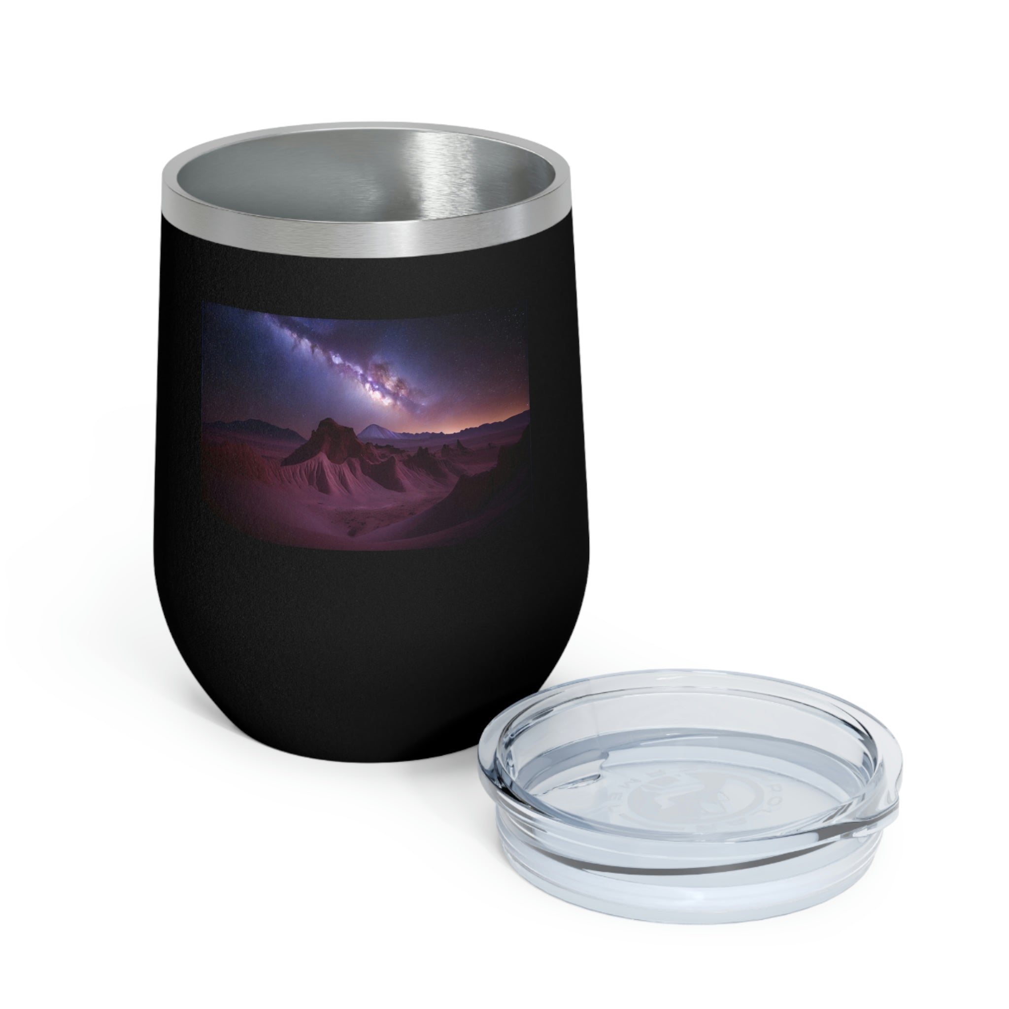 Milky Galaxy Wine Tumbler featuring a stylish design, double insulation, and a clear plastic lid for easy sipping.