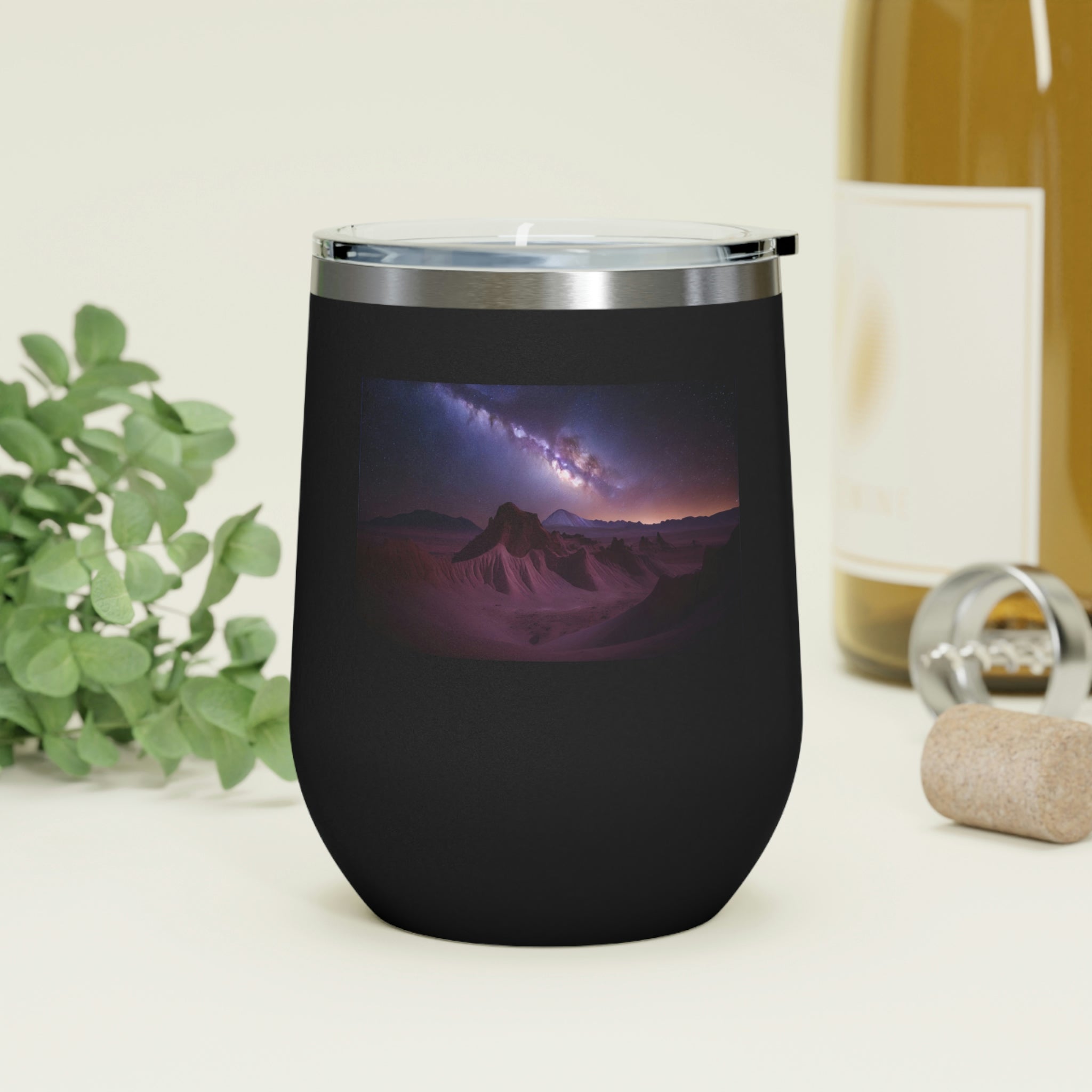 Milky Galaxy Wine Tumbler featuring a stylish design, double insulation, and a clear plastic lid for easy sipping.