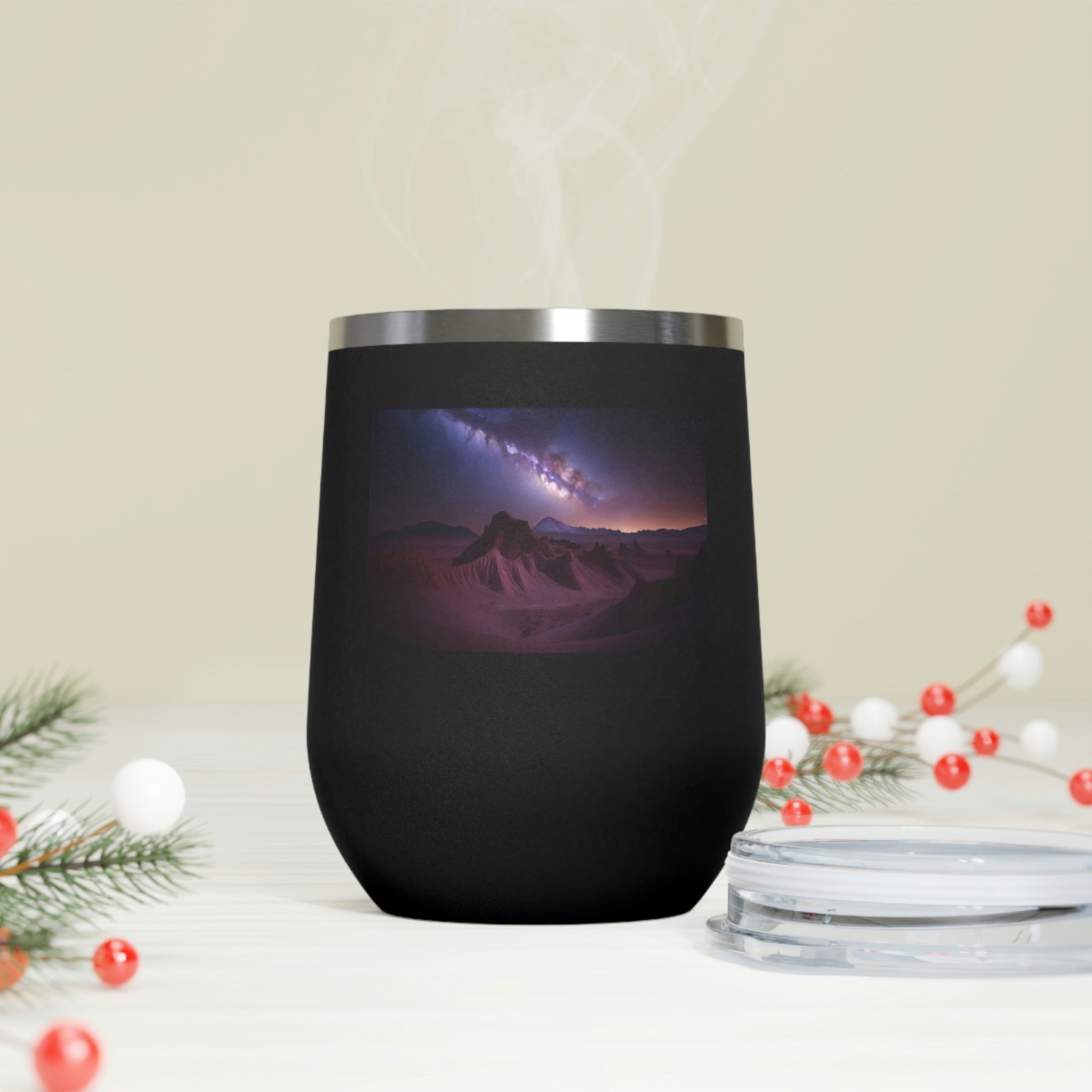 Milky Galaxy Wine Tumbler featuring a stylish design, double insulation, and a clear plastic lid for easy sipping.