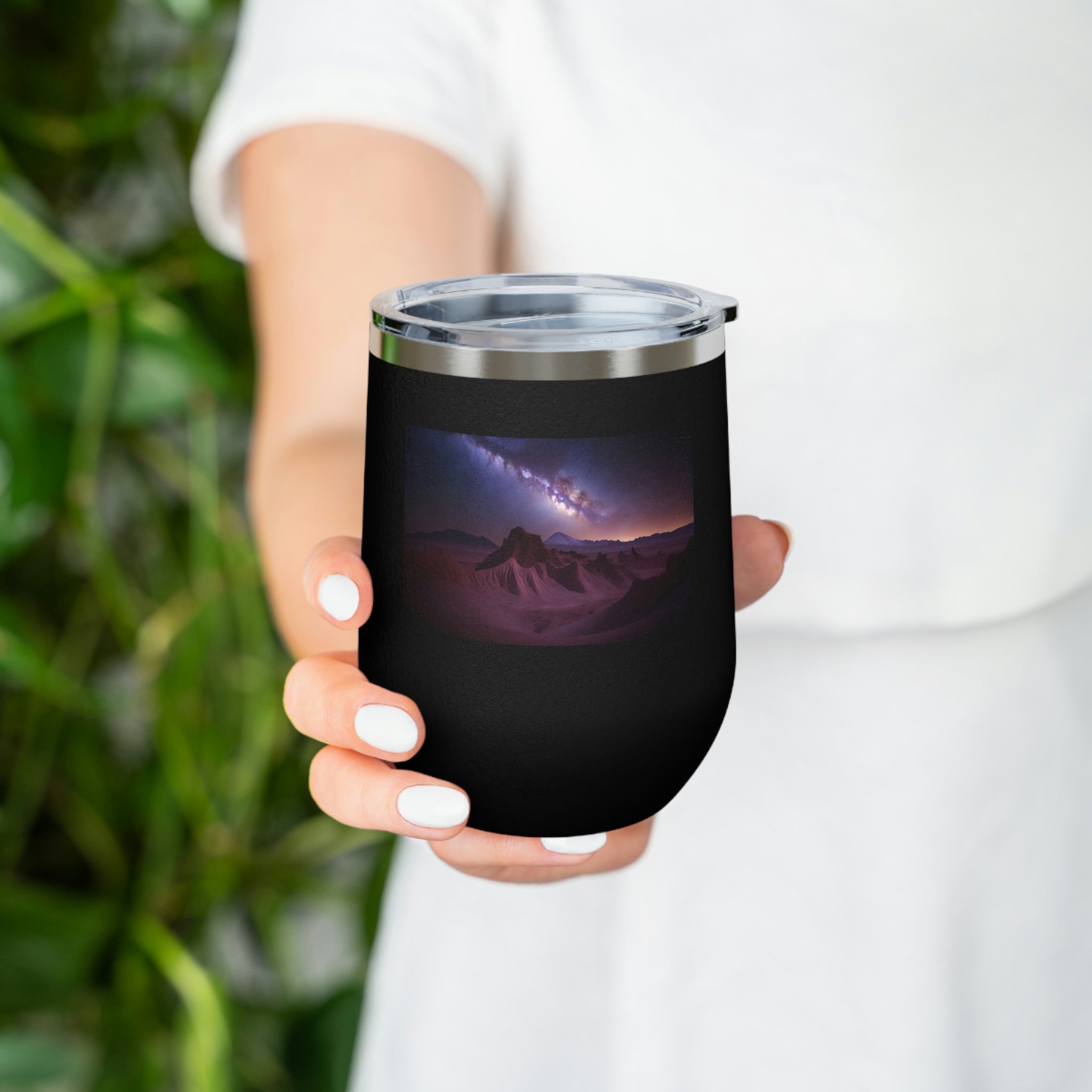 Milky Galaxy Wine Tumbler featuring a stylish design, double insulation, and a clear plastic lid for easy sipping.