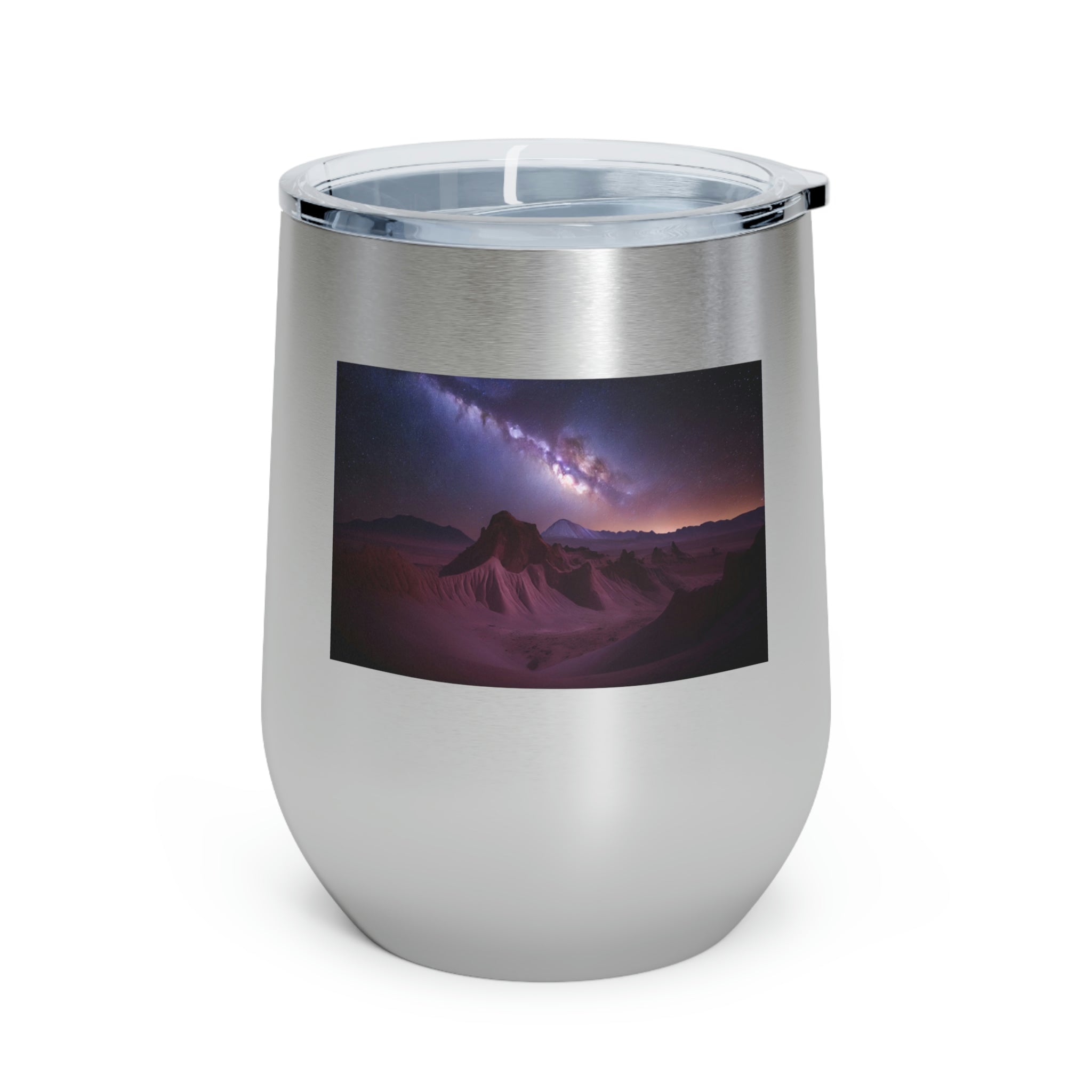 Milky Galaxy Wine Tumbler featuring a stylish design, double insulation, and a clear plastic lid for easy sipping.
