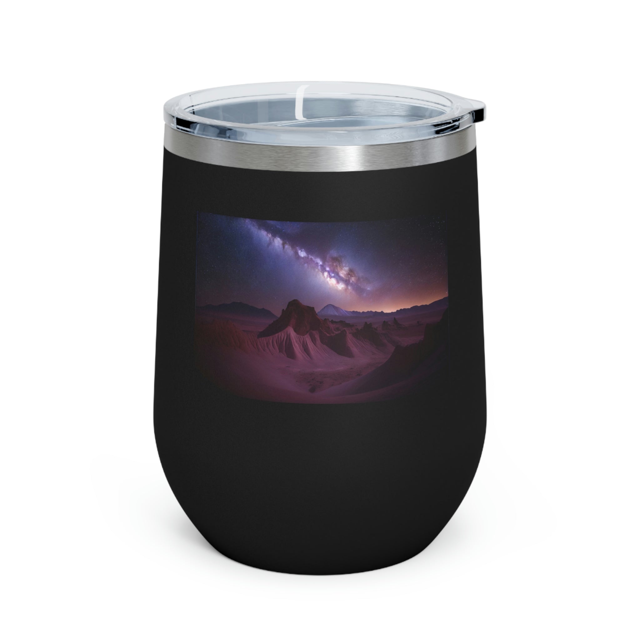 Milky Galaxy Wine Tumbler featuring a stylish design, double insulation, and a clear plastic lid for easy sipping.