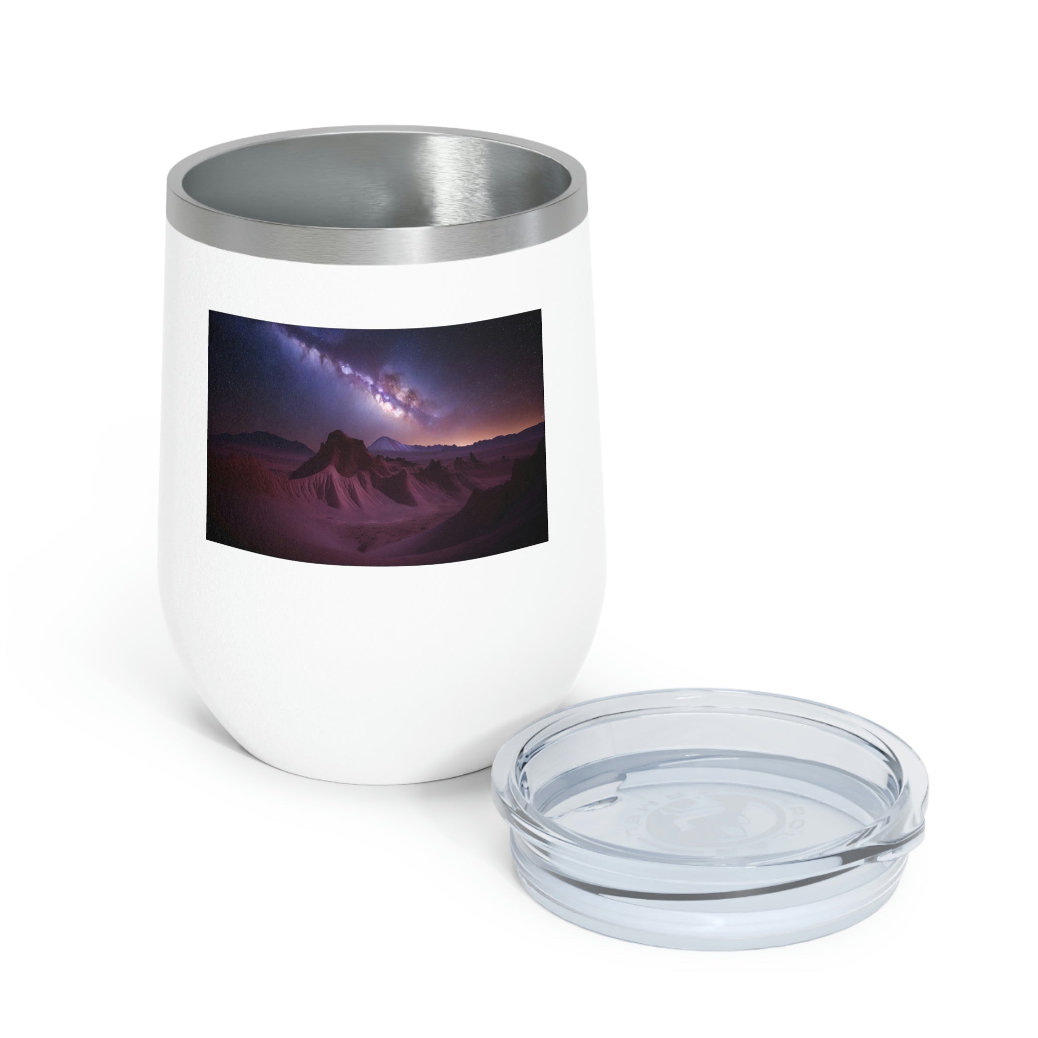 Milky Galaxy Wine Tumbler featuring a stylish design, double insulation, and a clear plastic lid for easy sipping.