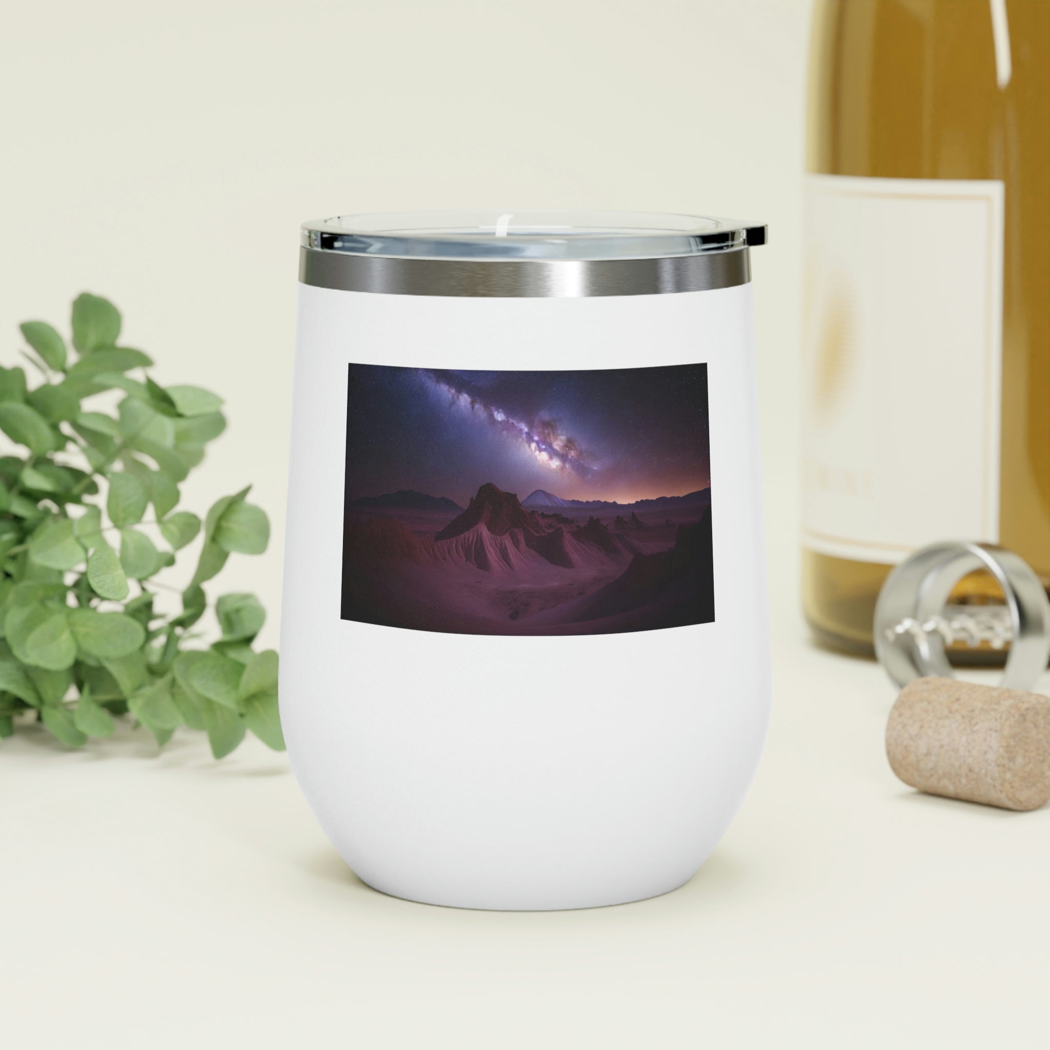 Milky Galaxy Wine Tumbler featuring a stylish design, double insulation, and a clear plastic lid for easy sipping.