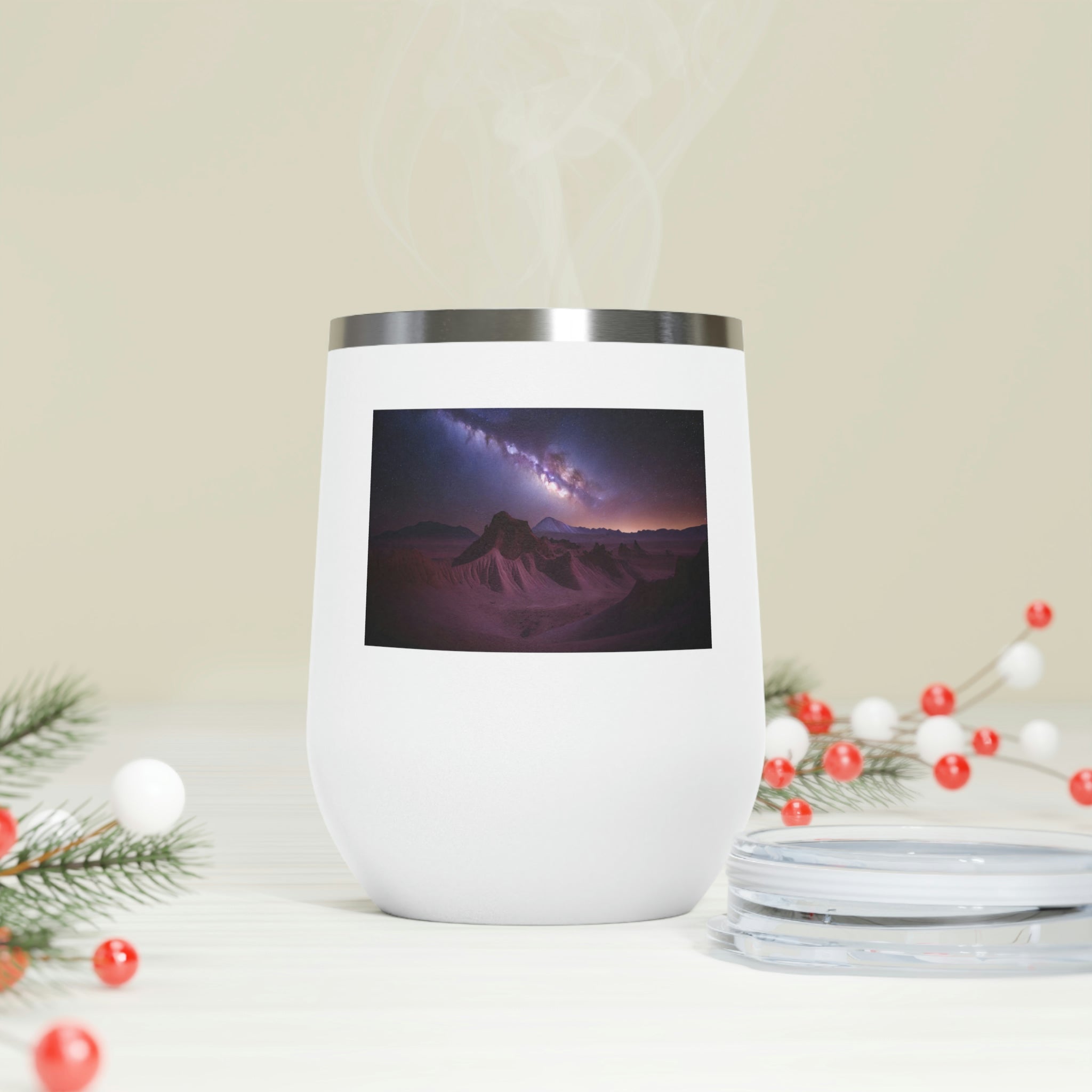Milky Galaxy Wine Tumbler featuring a stylish design, double insulation, and a clear plastic lid for easy sipping.